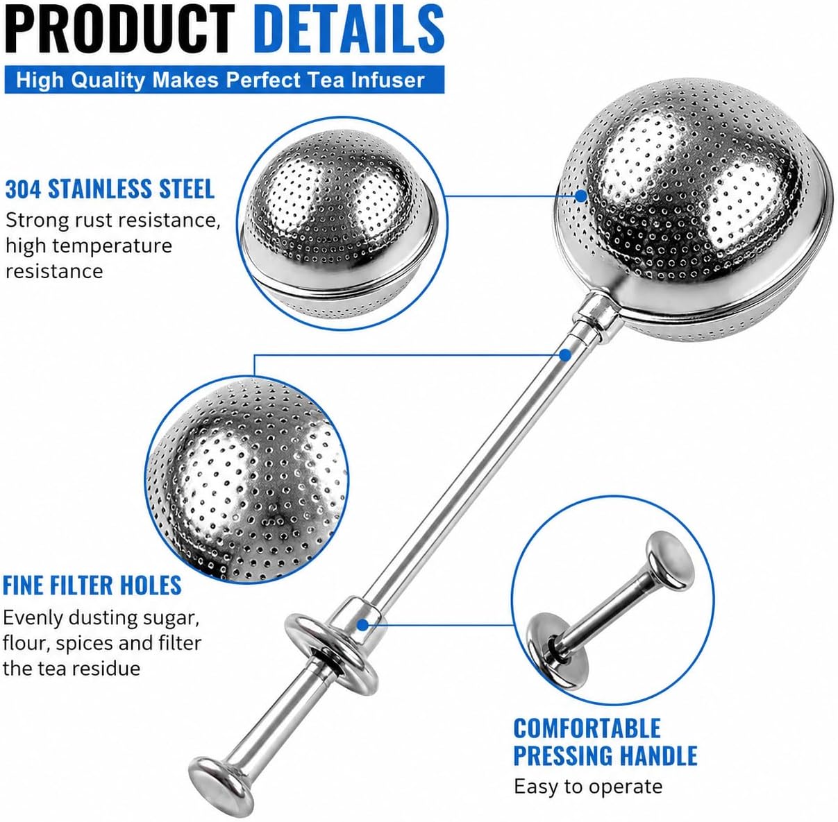 2-Pack Long-Handled Tea Strainer for Loose Tea, Extra Fine Mesh Stainless Steel Tea Infuser, Push-Style Loose Leaf Tea Steeper, Easy Clean Loose Tea Filter