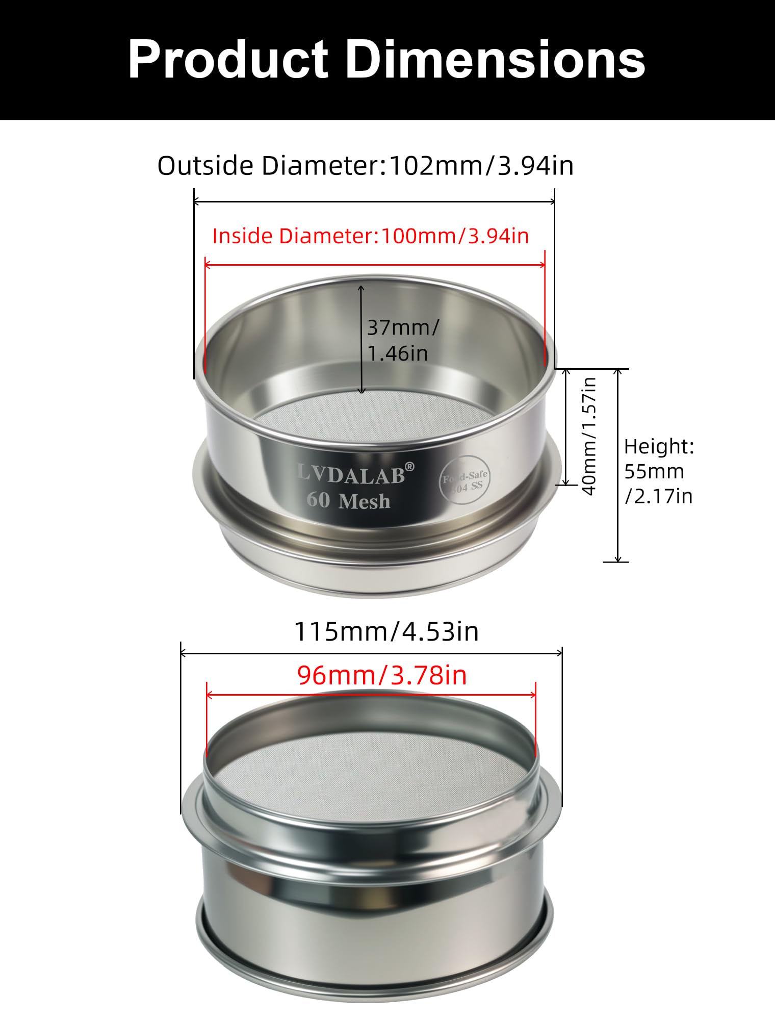 4" (10cm) Full 304 Stainless Steel Lab Sieve, 60 Mesh (0.3mm) Sifter — Amazon image 5