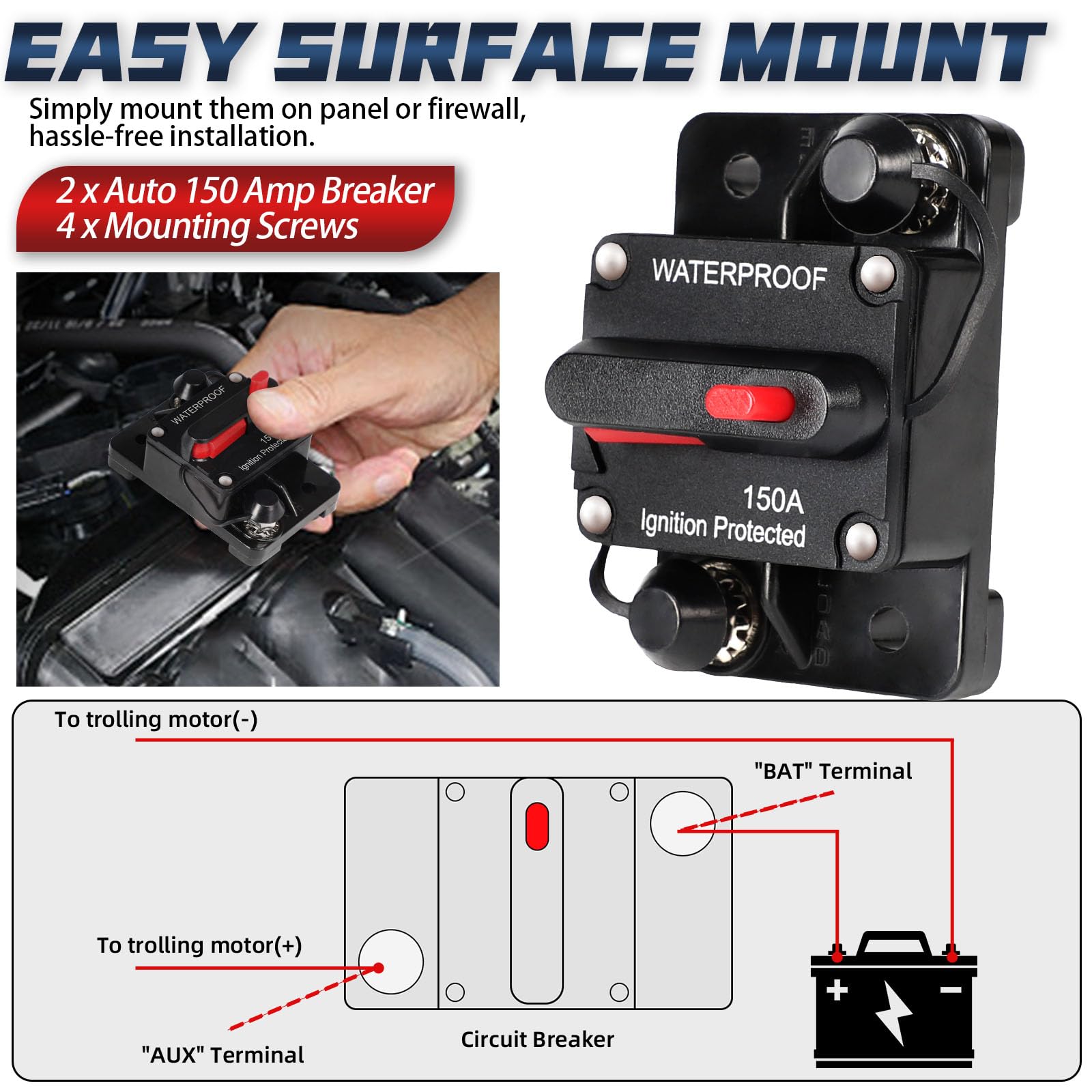 2 pezzi interruttore automatico 150A, portafusibile automatico auto 12V-48V DC 150A impermeabile portafusibile automatico con reset manuale per auto camion barca stereo marino