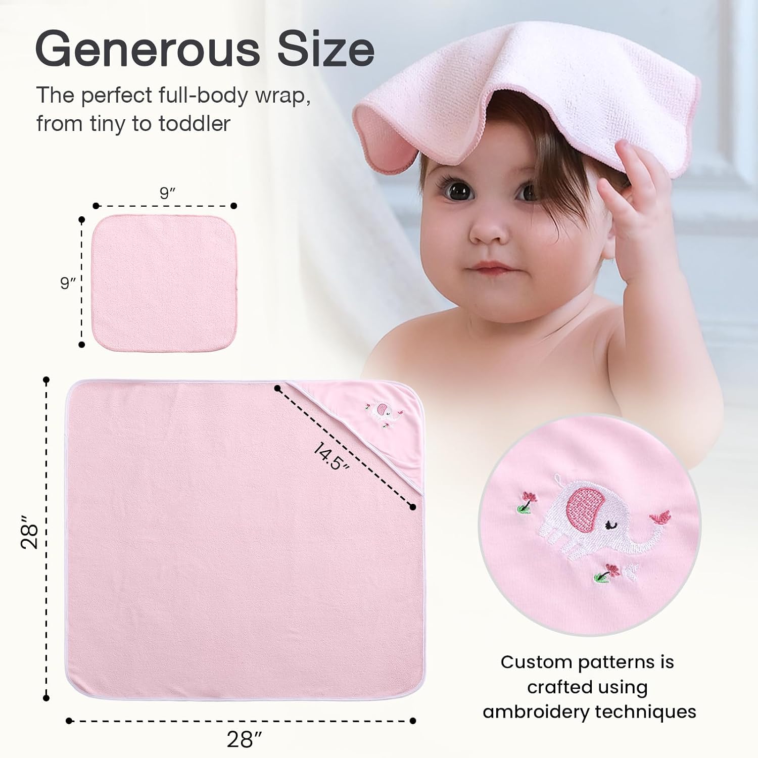 Softan Baby Hooded Towels and Washcloths Set 6 Pack, 28x28 Ultra Soft & Absorbent Baby Bath Towels for Newborn Infant Toddler, Unisex Boys Girls (Pink Elephant)