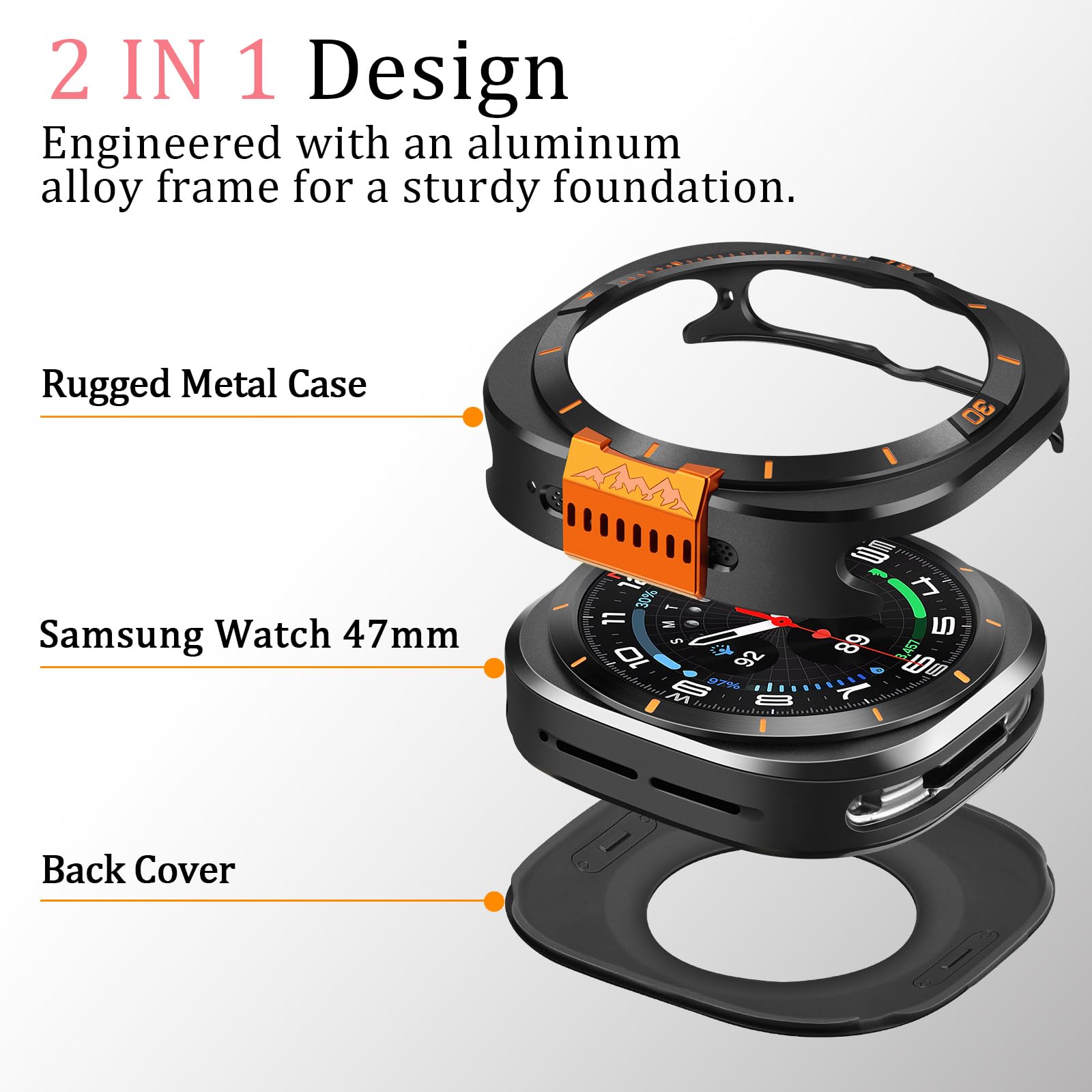 Amizee Metalowe etui 2 w 1 kompatybilne z Samsung Galaxy Watch Ultra (2025/2024) z tylną okładką, wytrzymałe metalowe etui odporne na zarysowania, ochronne etui do Galaxy Watch 47 mm, czarne