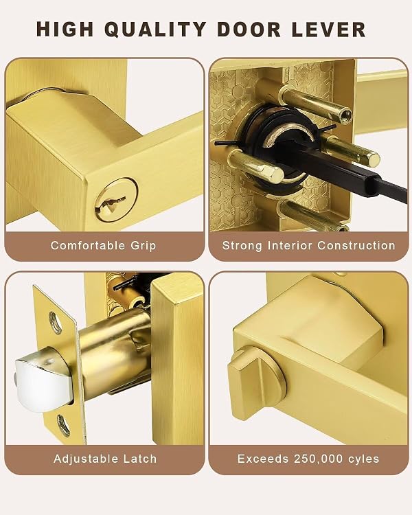 NIZADO 5 Pack Keyed Alike Entry Door Handle with Lock, Brushed Gold Interior Door Lever, Exterior Door Lock Set for Front Door/Bedroom, Square Reversible Handle by NIZADO - Used condition - Image 5