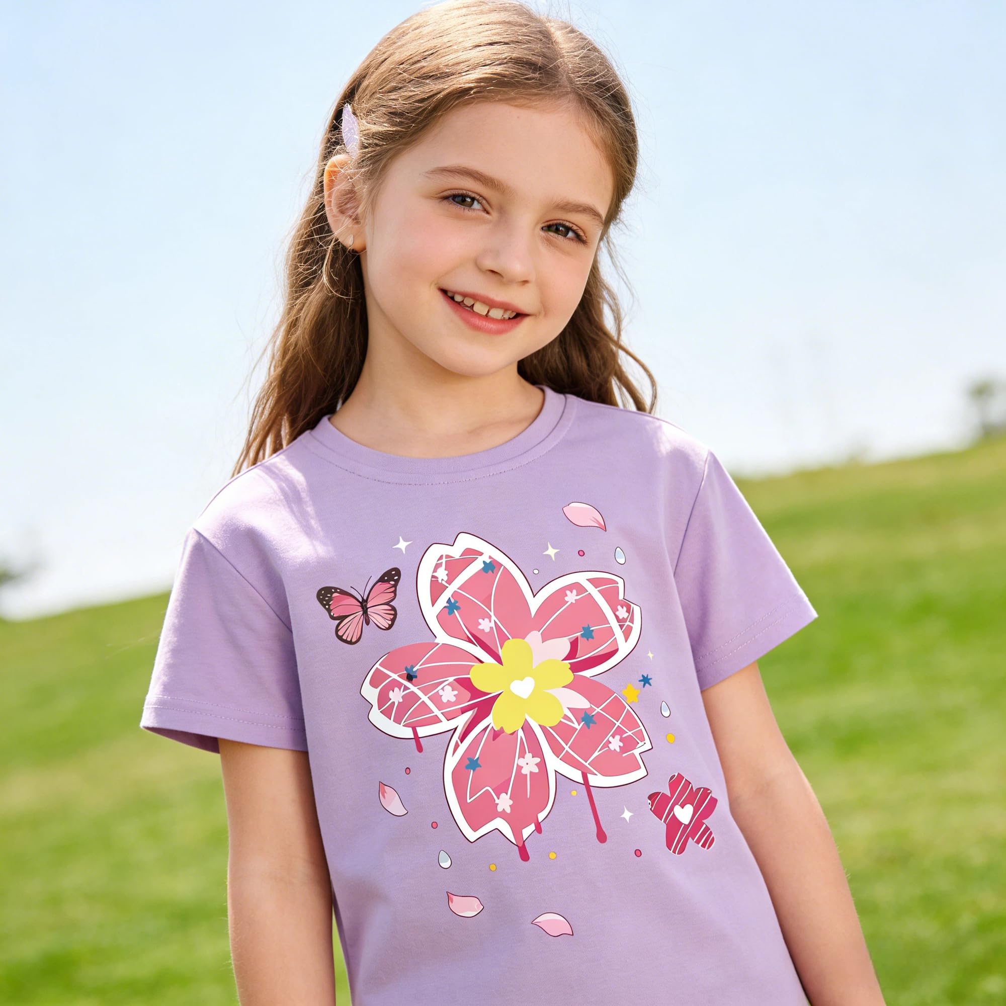 Camisetas de Manga Corta Niñas, Camiseta Algodon para Niña de Verano, Cuello Redondo T-Shirts Moda Informal Tops para Niños 3-8 Años — view 5