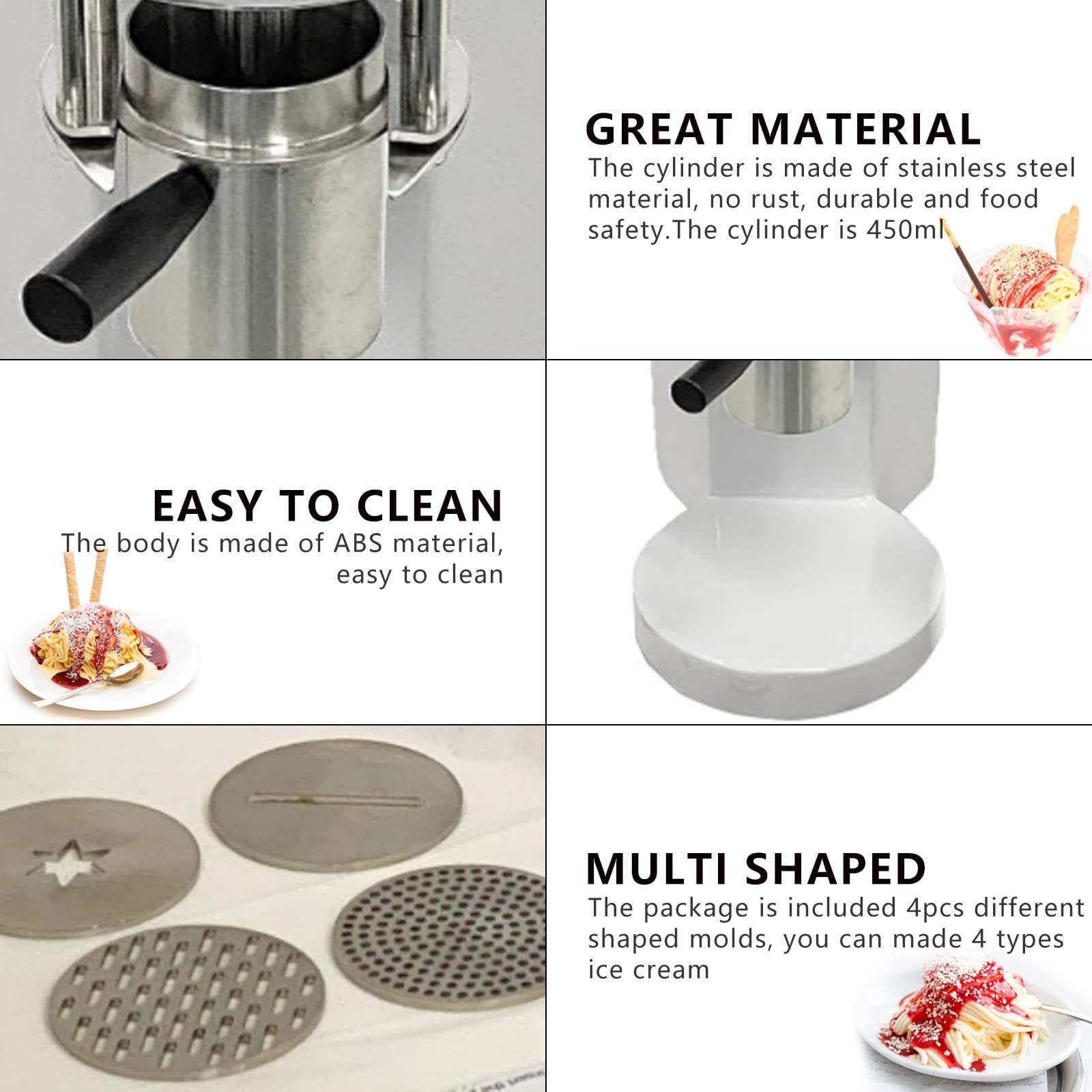 MáQuina para Helado De Espagueti, con 4 Formas Decorativas, Tolva De 420 Ml, Encendido con Un Solo Toque, Ideal para Banquetes, Fiestas y Servicios De Catering White
