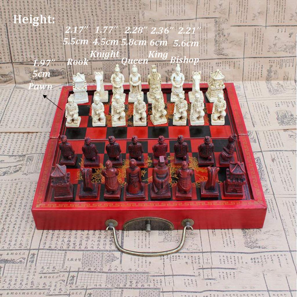 MYBA Scacchiera Scacchi Pieghevole di Legno Scacchi Cinesi Retro Guerrieri di Terracotta di Scacchi di Legno Fa Il Vecchio Intaglio Chessman di Compleanno Regalo di Natale in Resina Regalo