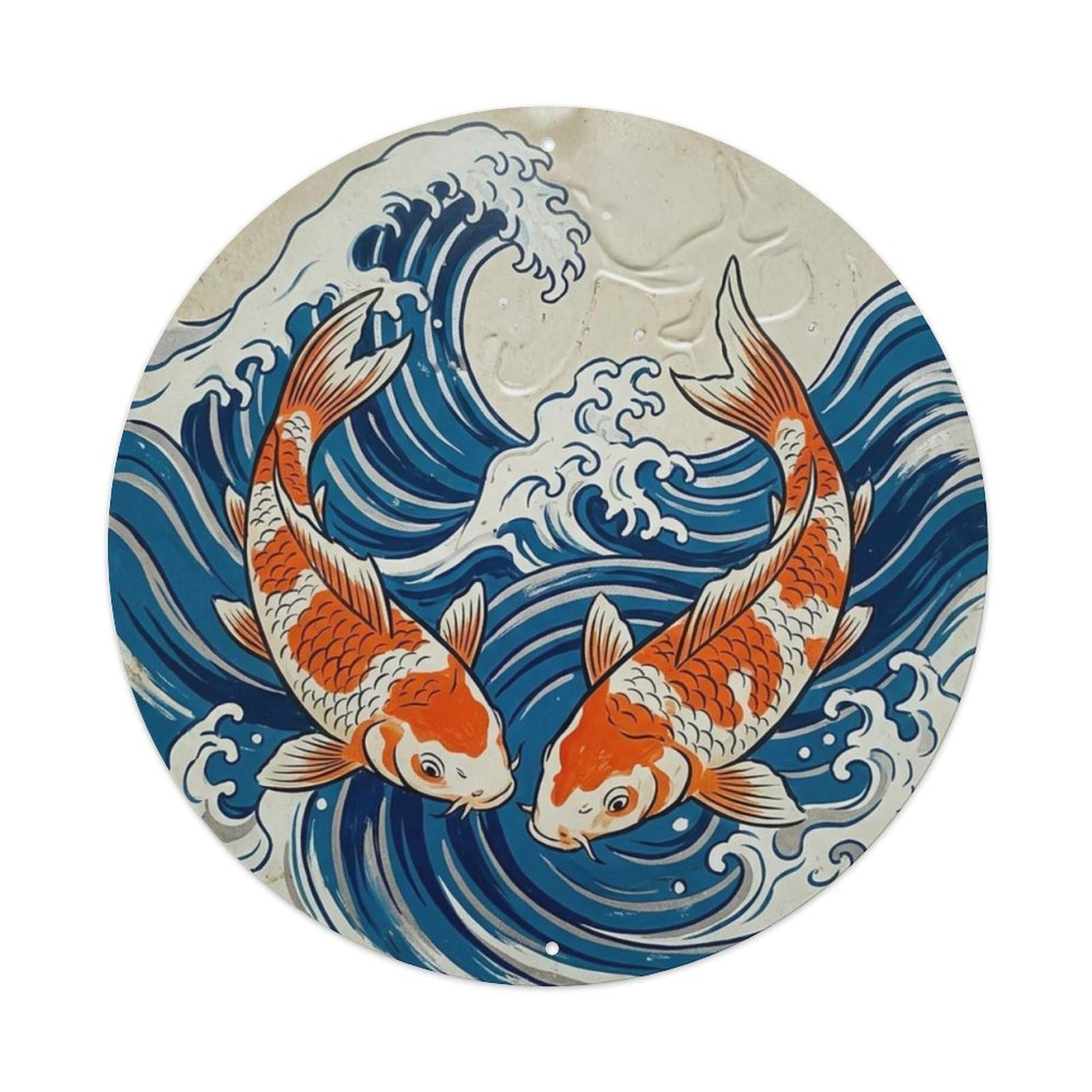 Fqcyn Style Koi Fish Prussian Blue Wave Livingroom Metal Tin Sign Plaque Wall Decor For Cafe, Club Bar, Office, Home Garden Round Metal Poster 8X8inch