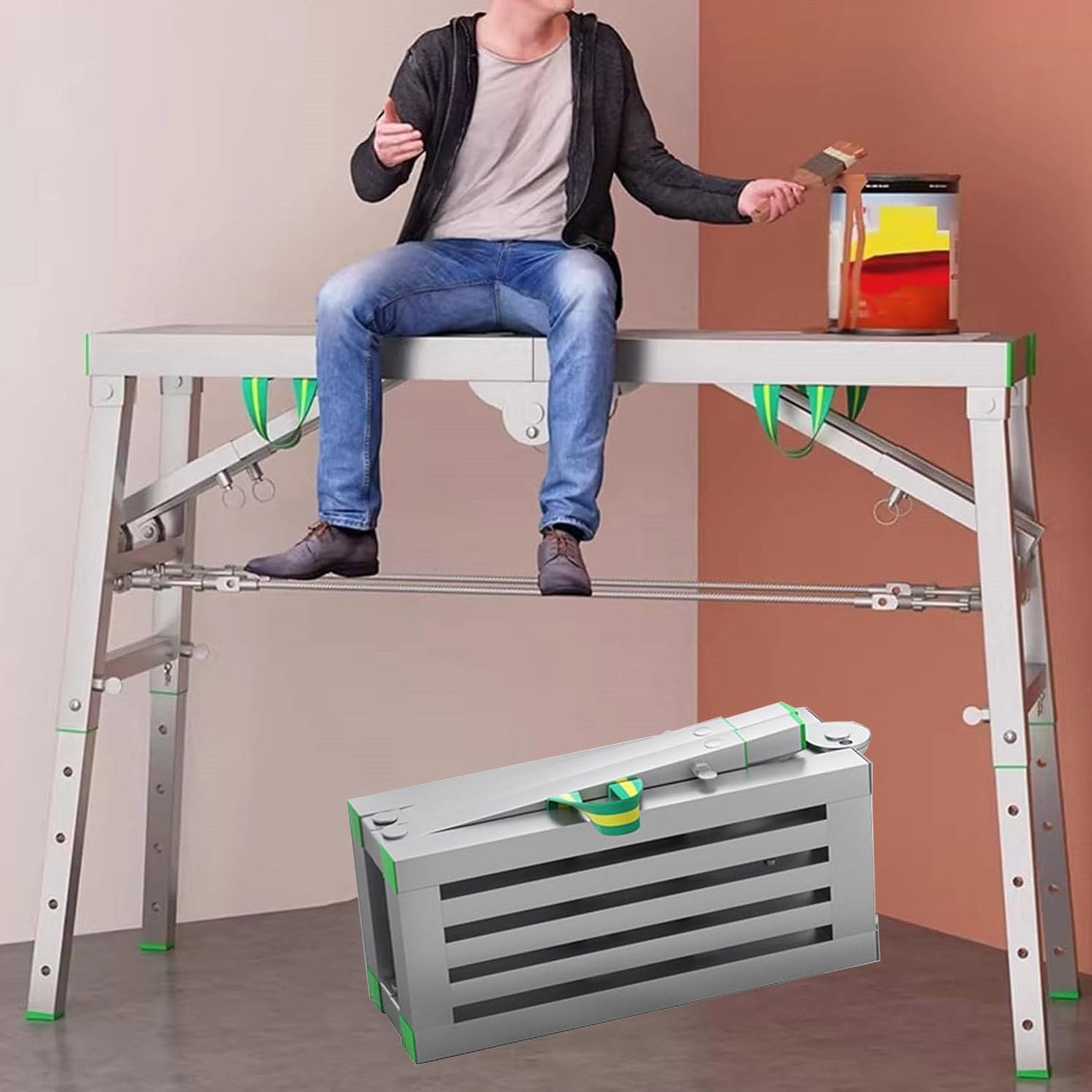 Andamio, Plataforma De Trabajo Plegable, Capacidad De Carga 400 Kg, Plataforma Antideslizante Portátil Plegable, Taburete De Aluminio, Escalera Multiusos,37cm-200cm(90-147cmAdjustableHeight)