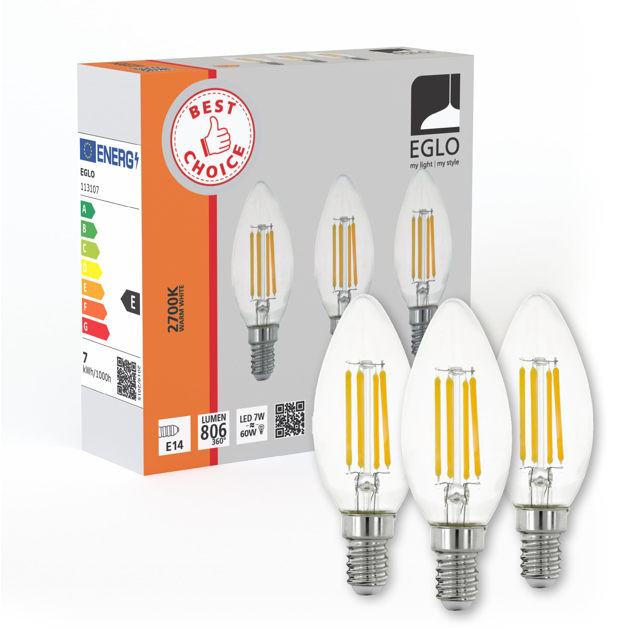 EGLO 3er Set E14 LED Lampen, Glühbirnen Kerzenform, Leuchtmittel für Retro Beleuchtung, je 7 Watt, warmweiß, 2700 K, transparent, Edison Birne C35, Ø 3,5 cm