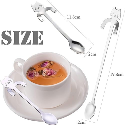 Miniatura 3 de PBIEHSR - Cuchara de café para gatos, taza colgante de acero inoxidable, cuchara de té de dos longitudes diferentes, cuchara de postre para revolver