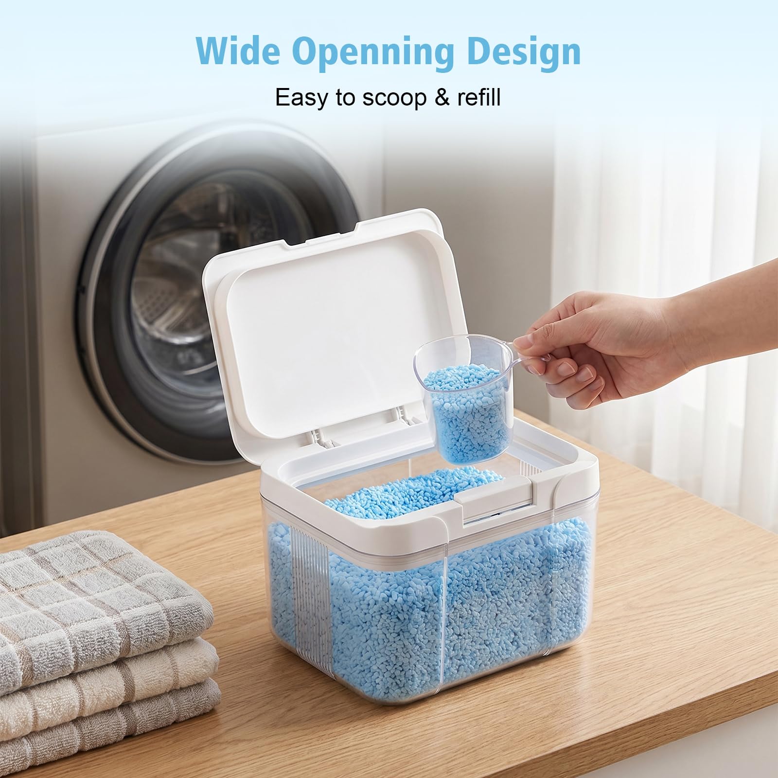 JIZZU Scatola di immagazzinaggio di Pods Detersivo 2,9 L, Dispenser per detersivo liquido in acrilico trasparente, con dosatore e chiusura ermetica, per detergente, perle e booster di profumo