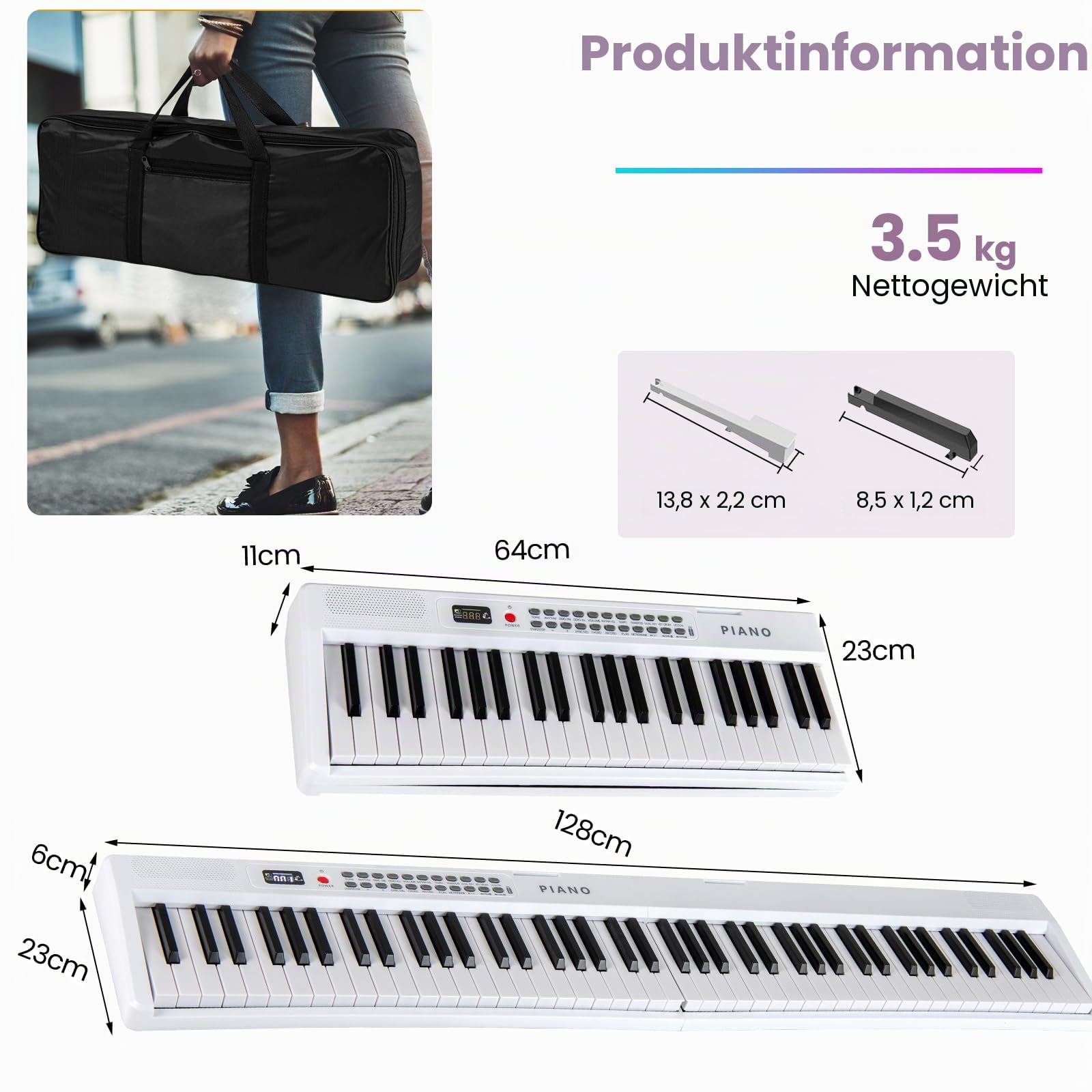 KOMFOTTEU Digitales Klavier mit 88 Tasten faltbar, Keyboard Piano mit kabellosem MIDI, zwei Lautsprechern, 1000 Stempel und Rhythmen, Digitalpiano mit Tasche (Weiß)