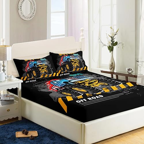 Miniatura 3 de AILONEN Juego de sábanas bajeras de caricaturas de Monster Truck tamaño individual XL, sábanas de vehículos de construcción, juego de sábanas de 3