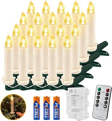 Paquete de 20 velas cónicas de batería LED control remoto y temporizador 20 baterías incluidas 4 modos de velas flotantes sin llama con clips de