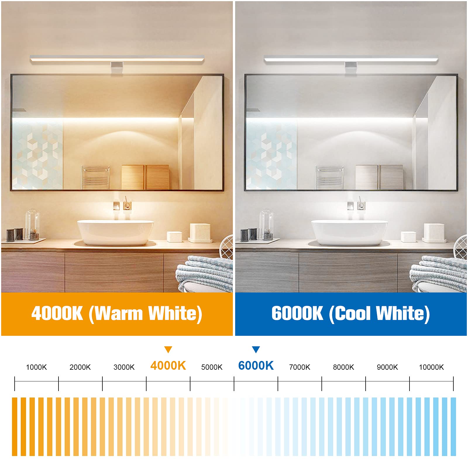 APONUO Lámpara LED de Baño 60cm | Espejo de Luz 15W | 4000K | 6000K | 1500lm | IP44 | Iluminación de Armario de Maquillaje de Acero Inoxidable 600mm Con Interruptor