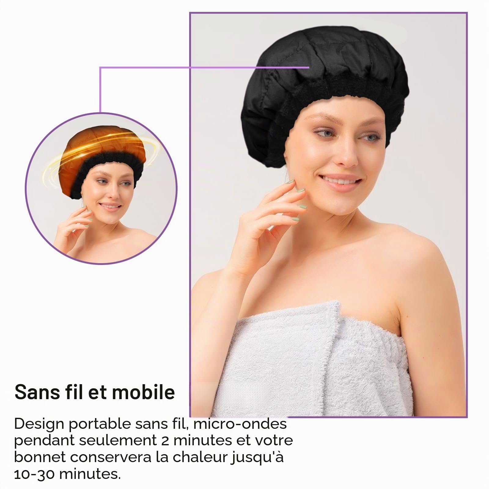 MQUPIN Bonnet Chauffant Cheveux Soin, Bonnet Chauffant Capillaires Profondément pour Tous Types de Soins, Casque Chauffant en Profondeurcoton en Microfibre, Chauffage par Micro-ondes(Noir)
