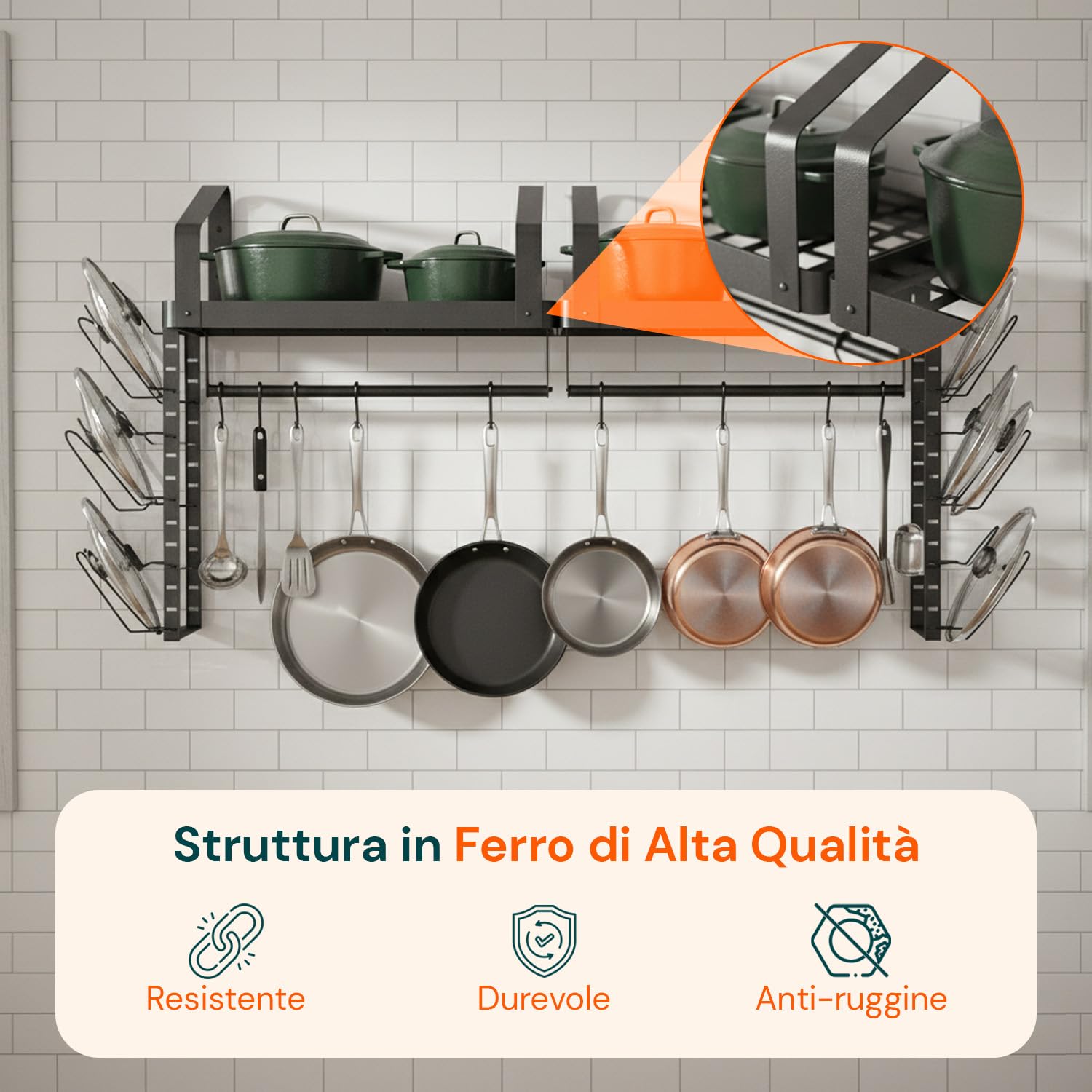 Wintem – Porta Pentole Coperchi Salvaspazio da Parete con Mensole e 12 Ganci, Organizer Cucina in Ferro per Pentole Coperchi e Mestoli, Sistema Verticale Robusto e Funzionale per Uso Quotidiano