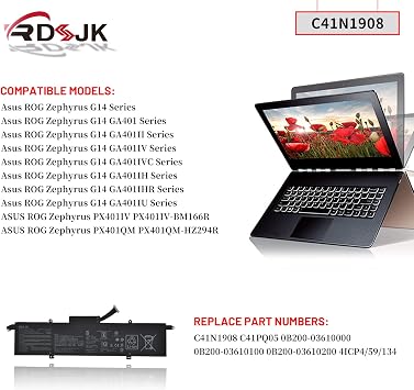 C41N1908 Laptop Battery for Asus ROG Zephyrus G14 GA401 GA401II GA401IV GA401IH GA401IVC GA401IU GA401IHR GA401QC GA401QH GA401QM GA401QE PX401IV PX401QM PX401QM-HZ294R PX401IV-BM166R 15.4V 76Wh