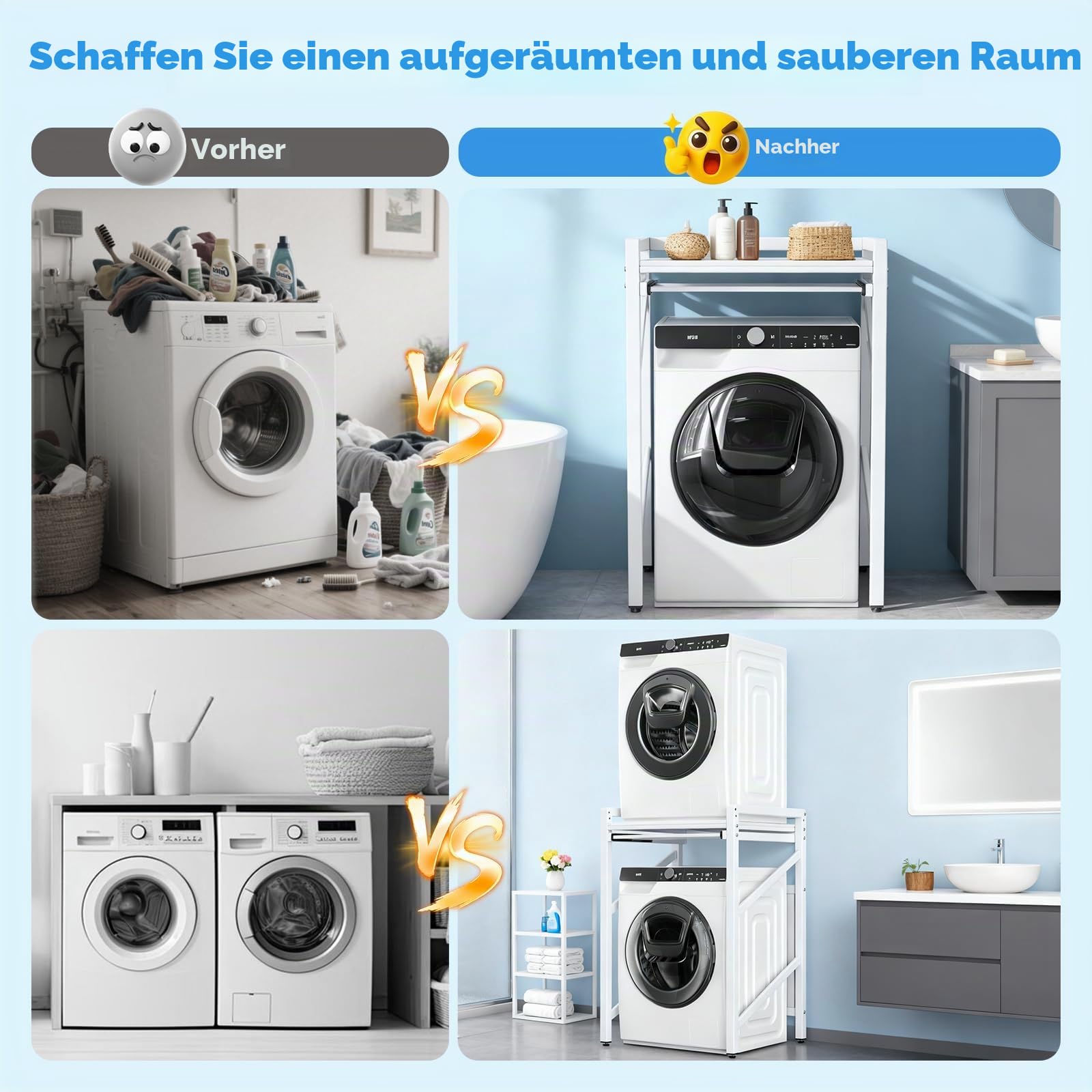 Regal über waschmaschine,Waschmaschinenregal mit Ausziehbarem Wäscheständer,TragfäHigkeit 350 Kg 2 HöHenverstellbar,Waschmaschinenschrank 74 * 64 * 113.5cm (White With Drawers)