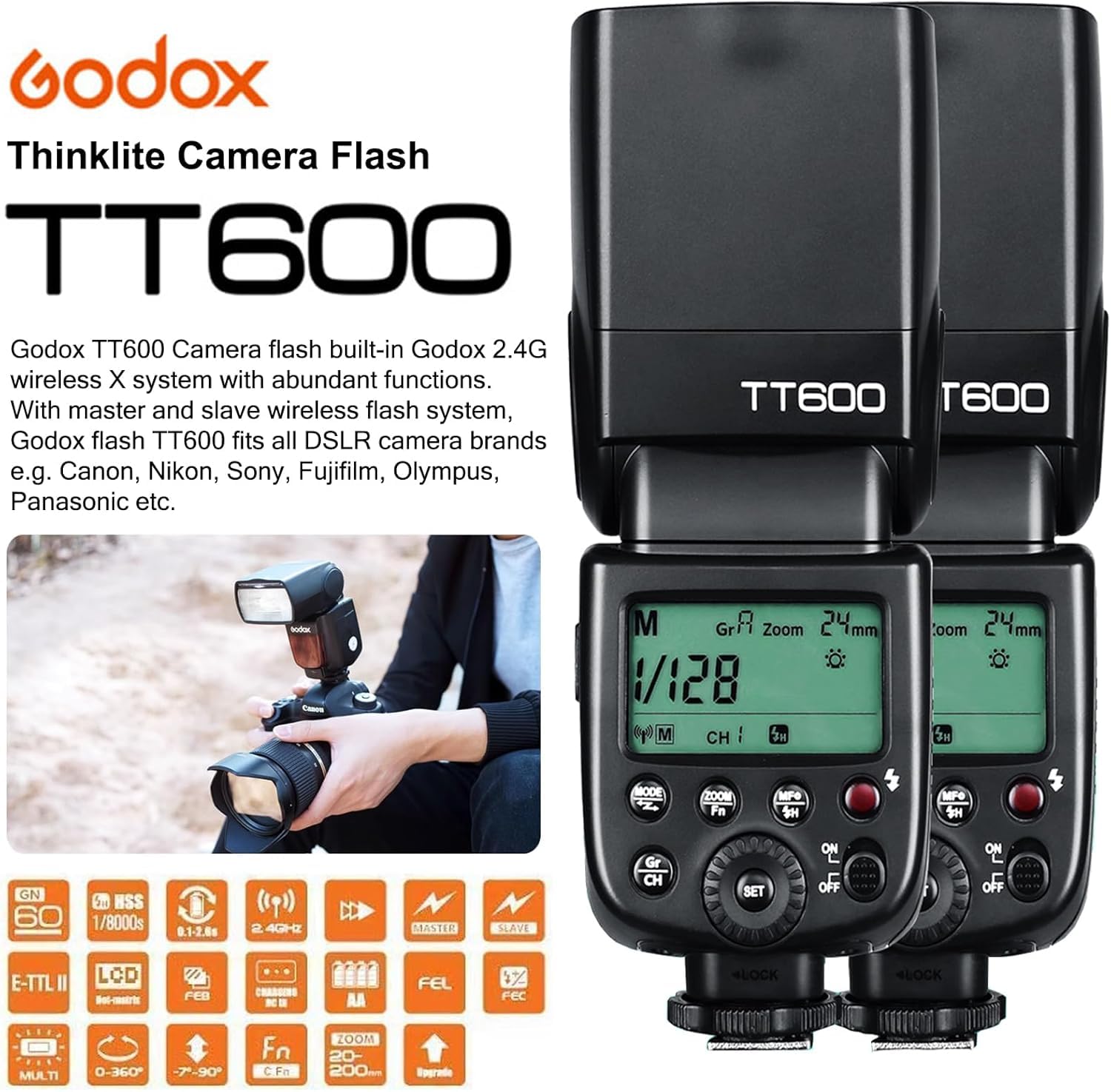 Godox Flash Speedlite TT600 2.4G per Fotocamere Canon, Nikon, Pentax, Olympus, Fujifilm, Panasonic, Pentax