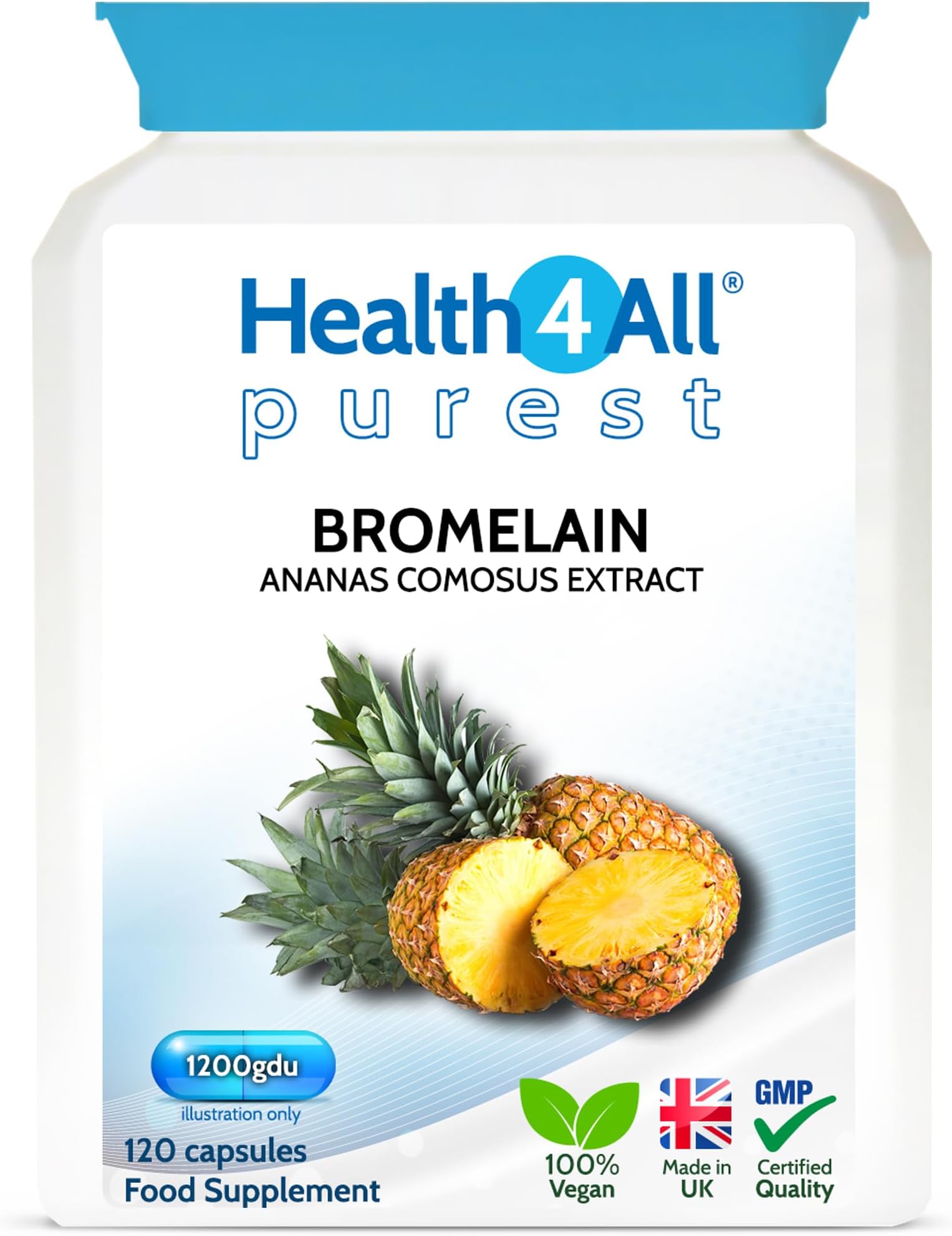 Bromelain 2500 GDU/g High Strength 1200 GDU per Capsule for Inflammation, Swelling & Recovery 120 Vegan Capsules Pure Pineapple Enzyme Supplement for Digestion Support UK Made - Health4All