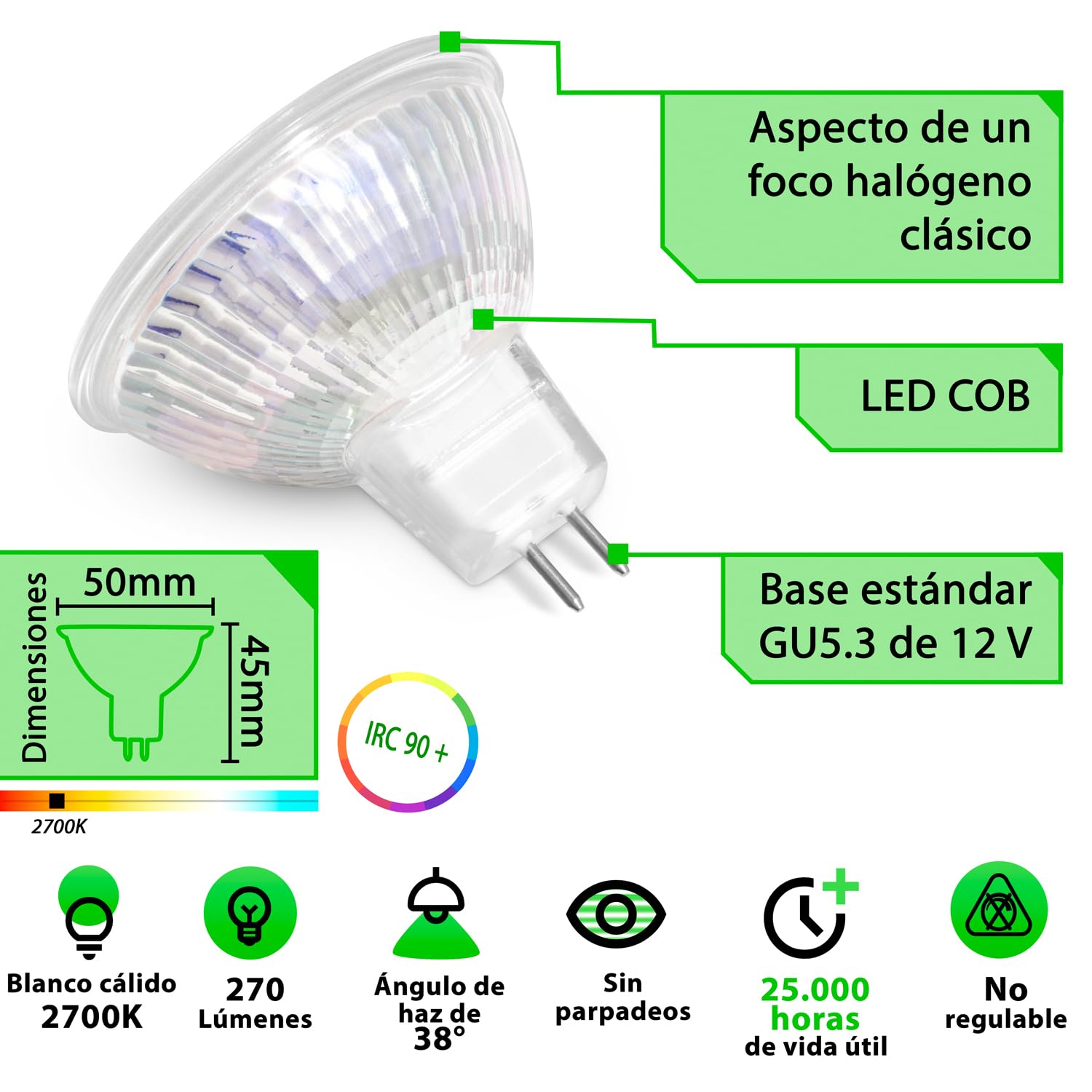 greenandco 10x MR16 GU5.3 | sustituye 30W | blanco cálido 2700K | IRC 90+ | 3W 270 lm | 38° | sin parpadeo | COB LED spot | 12V AC/DC | no regulable