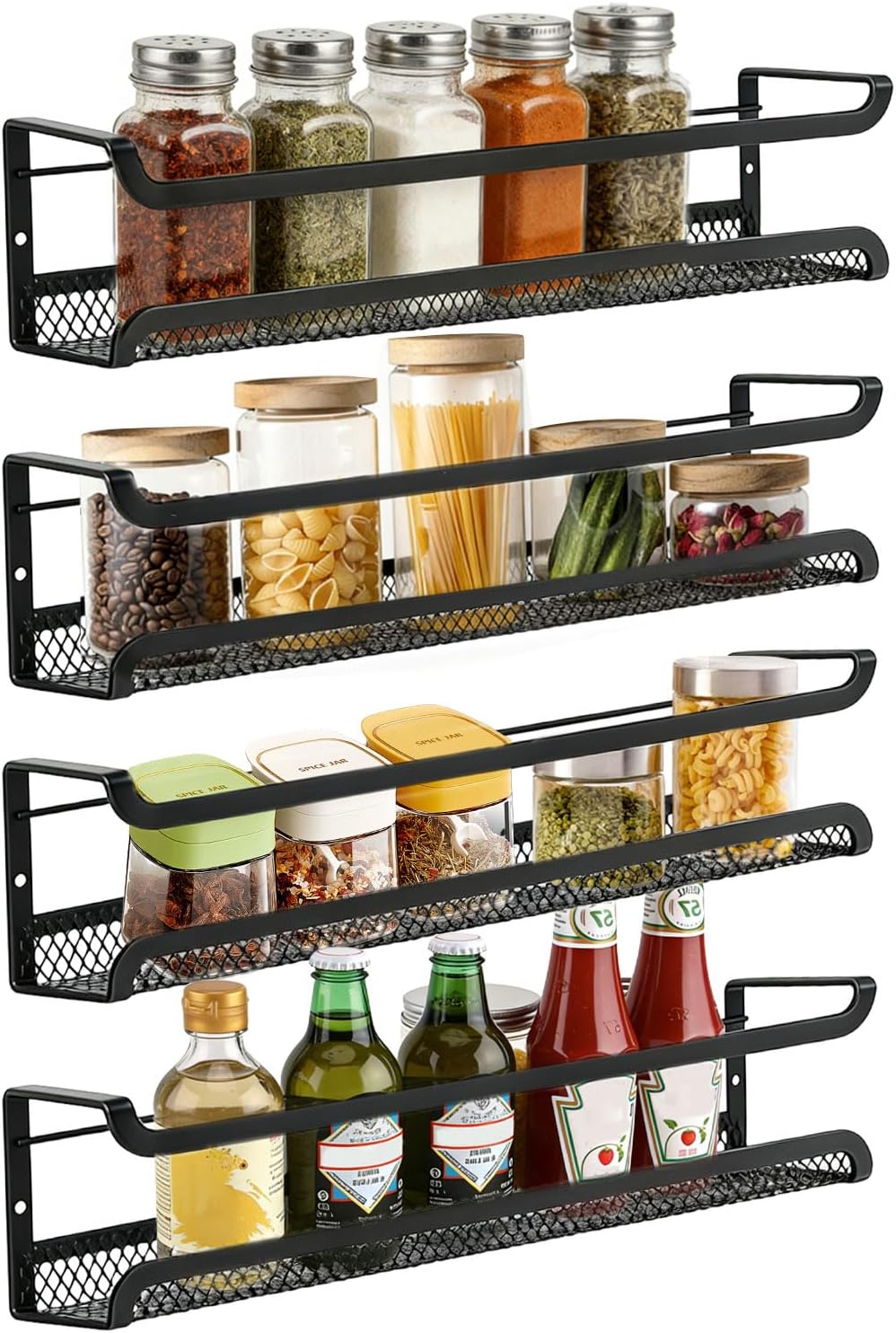 Wall Spice Rack, Pack of 4 Spice Racks, No Drilling, Spice Organiser Made of Metal with Glue and Screws, Black, 29 x 7 x 7 cm, Suitable for Kitchen and Kitchen Cabinets