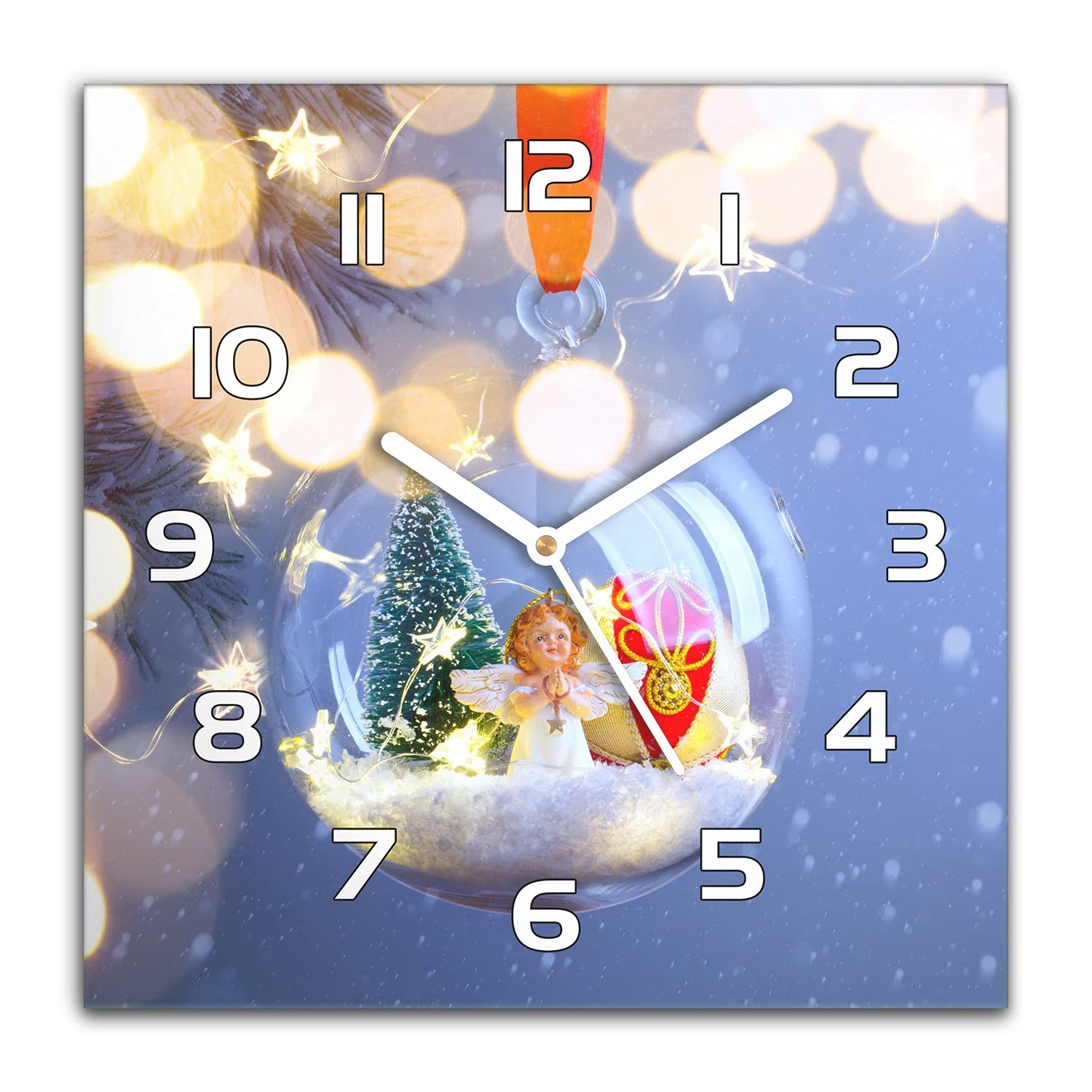 Horloge murale Noël 30x30 cm silencieuse en verre moderne aiguilles blanches