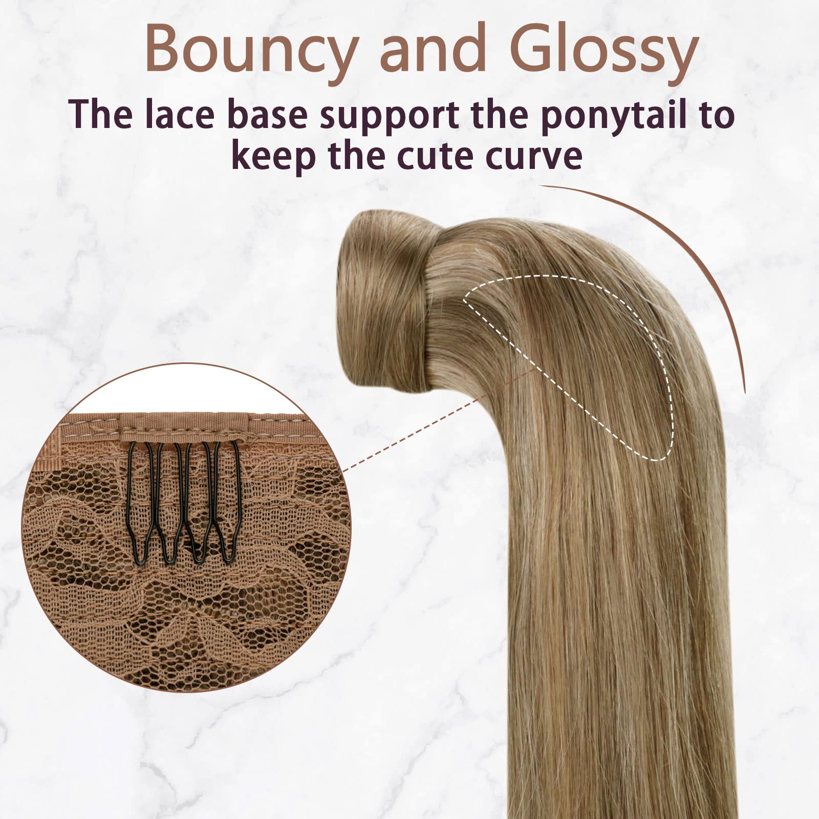 RUNATURE Real Hair Ponytail Extension Blonde Highlight Caramel Blonde Ponytail Extension Human Hair 20 Inch Clip in Ponytail Hair Extensions Human Hair 80 Gram - Image 4