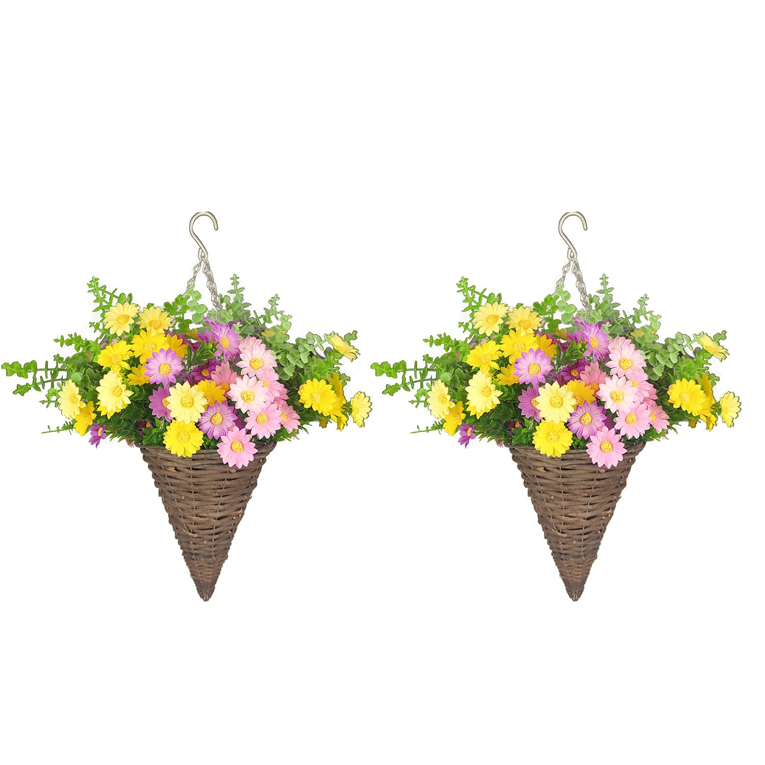 Artificial Cone-Shaped Hanging Artificial Daisy, Hanging Basket Set for Home, Office, Balcony, Outdoor (Yellow)