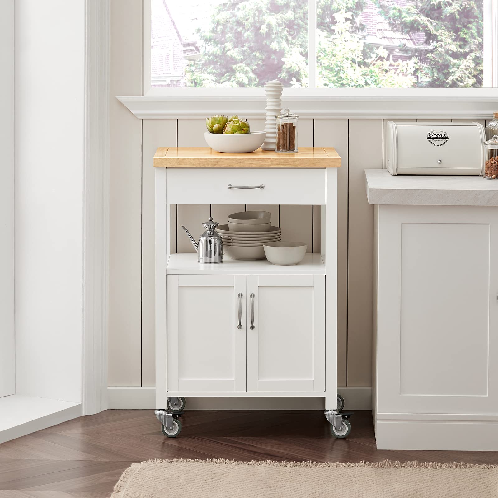SoBuy Carrito Cocina con Ruedas, encimera de Caucho & 4 Ruedas, 60x92x44cm | Mueble Auxiliar con cajón, estante abierto & armario de 2 puertas, compacto, MDF, cocina & exterior & dormitorio, FKW22-WN