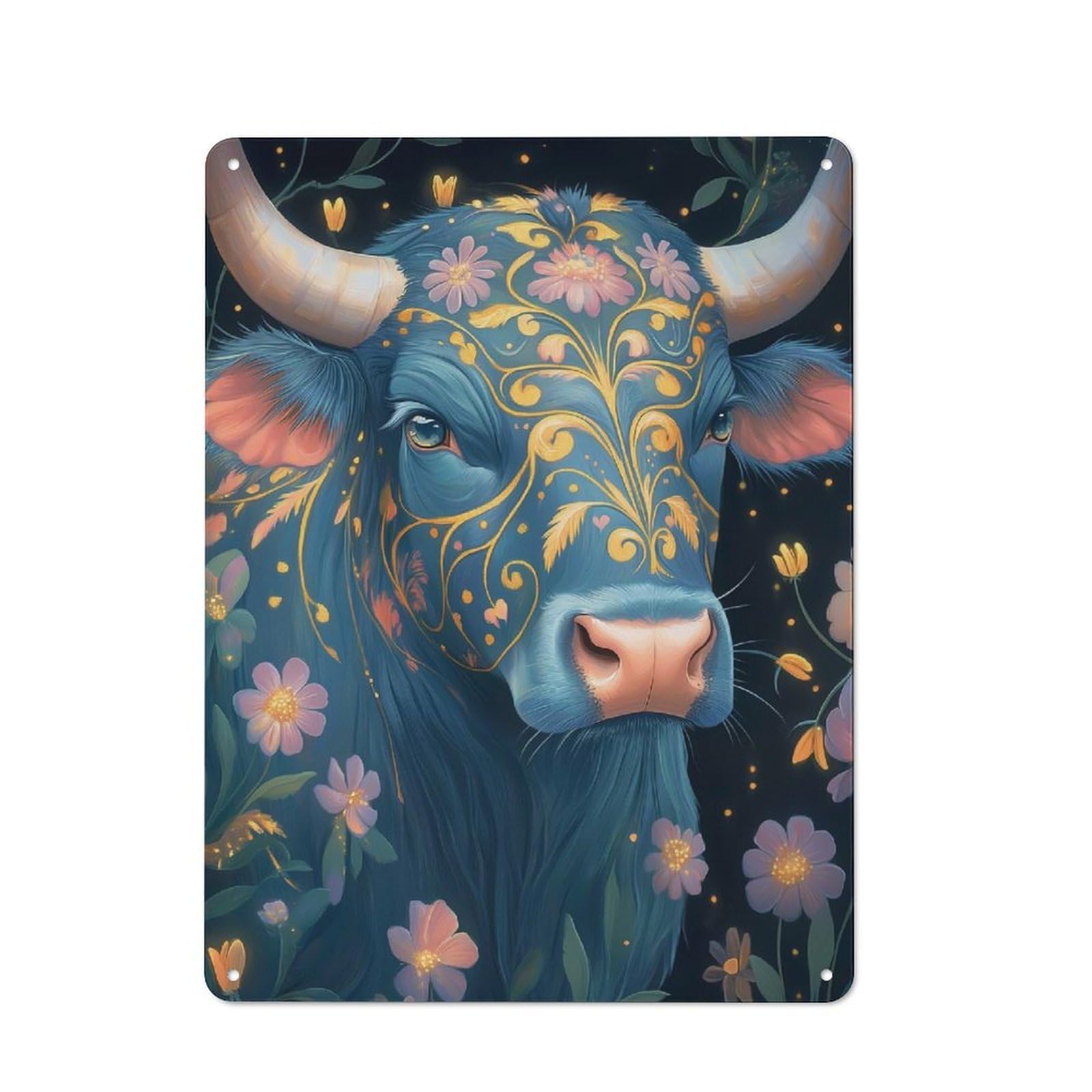 Junmoney Style-24 Understated Office Metal Sign 40X30cm Featuring Blue Cow With Floral Design, Studio Wall Plaque For Office, Study, Studio Or Hallway