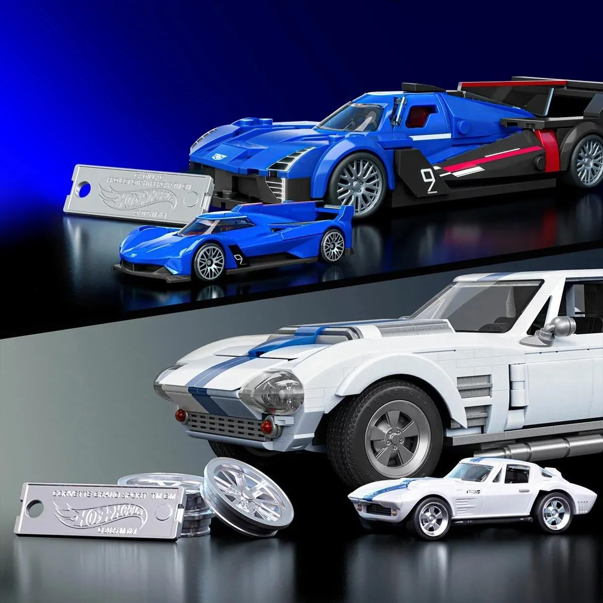 A person assembling the Corvette Grand Sport model, with the instruction manual open beside the partially built car and various brick pieces.