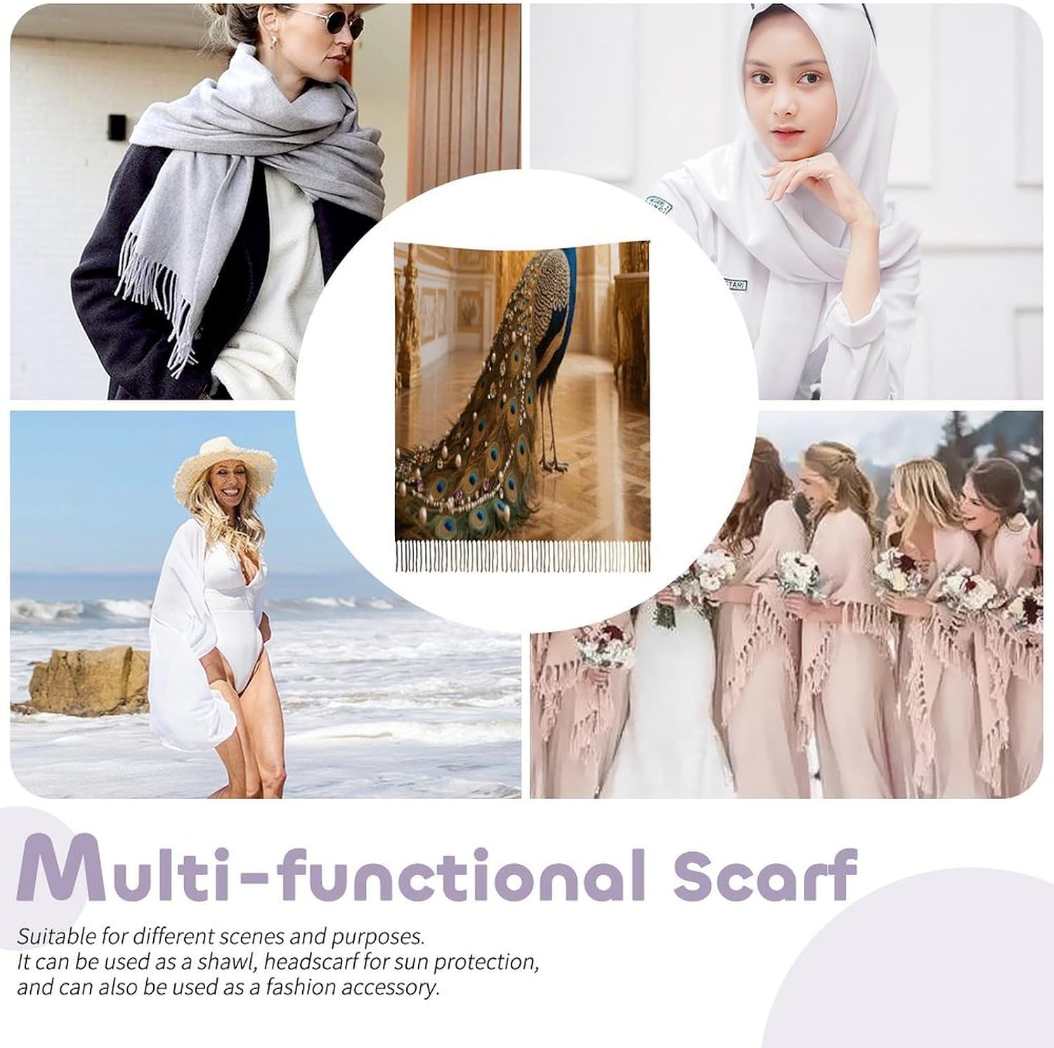 Jeweled Peacock Scarf for Women Men Classic Fashion Blanket Scarves Soft Cashmere Feel Scarf Cold Weather Warm Long Shawl Winter Large Scarves Classic Blanket Scarfs Thick