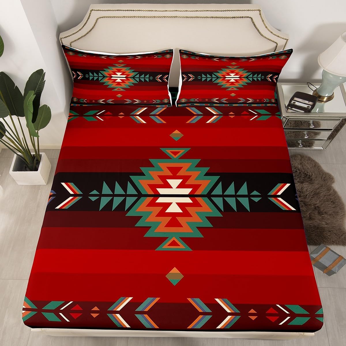 Queen Size Southwest Native Design Bed Sheet Set Boys Girls Southwestern Geometric Fitted Sheet for Kids Ultra Soft Tribal Bedding Set Red Green Bed Cover Room Decor Multi 21 Queen