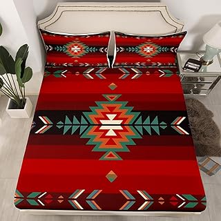 Full Size Southwest Native Design Bed Sheet Set Boys Girls Southwestern Geometric Fitted Sheet for Kids Ultra Soft Tribal Bedding Set Red Green Bed Cover Room Decor