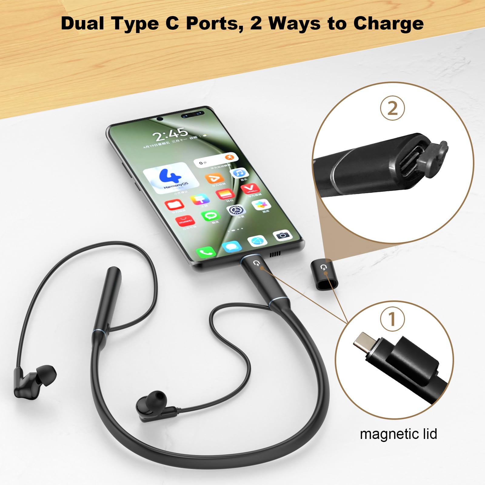 Hmusic Bluetooth Neckband Headphones, 3 Music Patterns, 2 Charging Ways, 35H Long Battery Life Wireless Headphone - Image 2