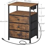 HOOBRO Bedside Table with Charging Station, Narrow Side Table with 3 Non-Woven Fabric Drawers, End Table with Open Storage, Nightstand for Small Spaces, Rustic Brown and Black BF403UBZ01
