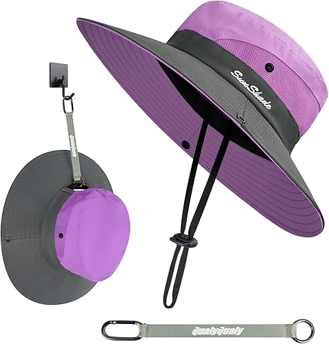 QualyQualySunHatforWomenwithHatClip,UV Protection Wide Brim, Foldable Mesh Ponytail Hat for Fishing Hiking