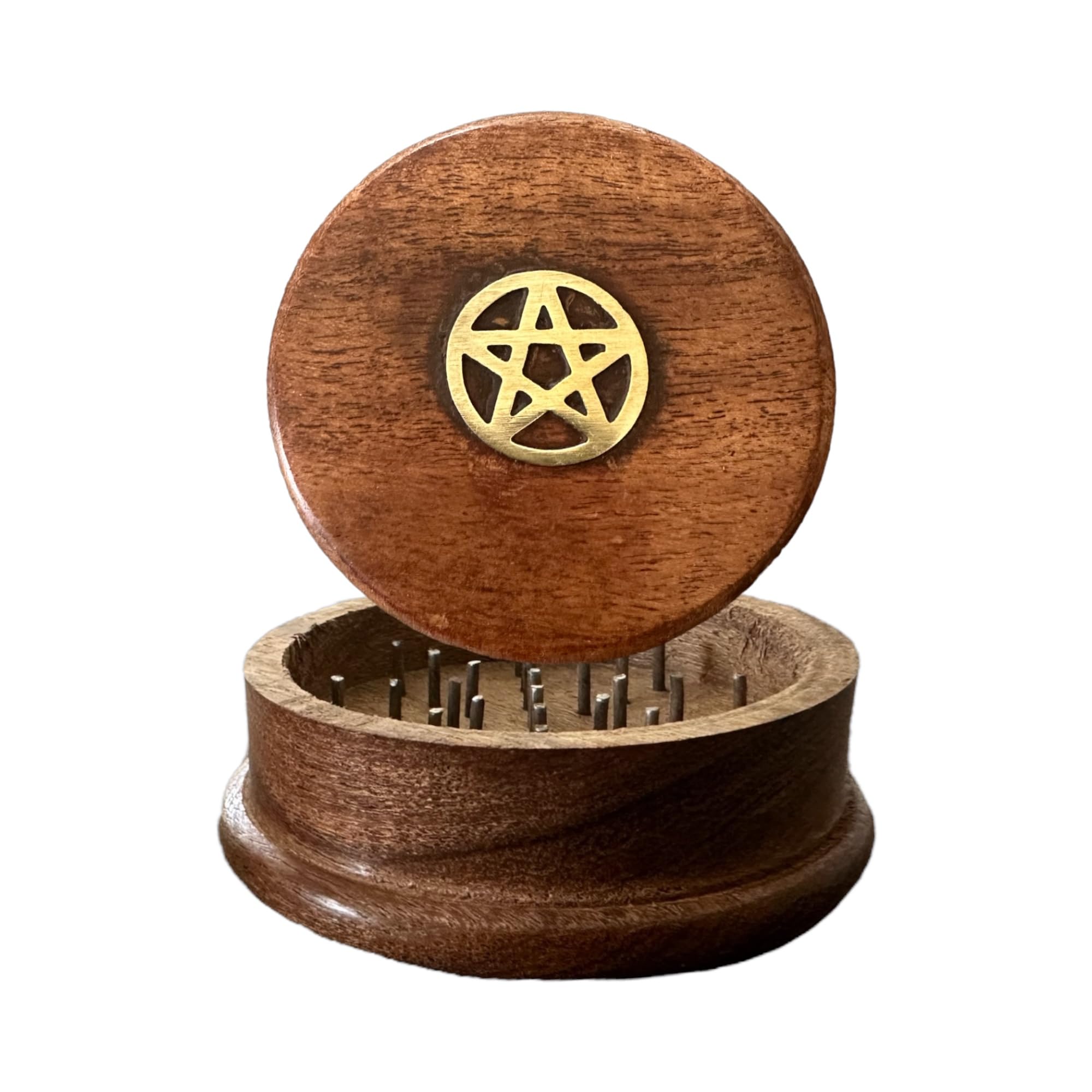 Wood Food Spice Herb Grinder Wooden Brass Inlay Pentagram, 3 inch