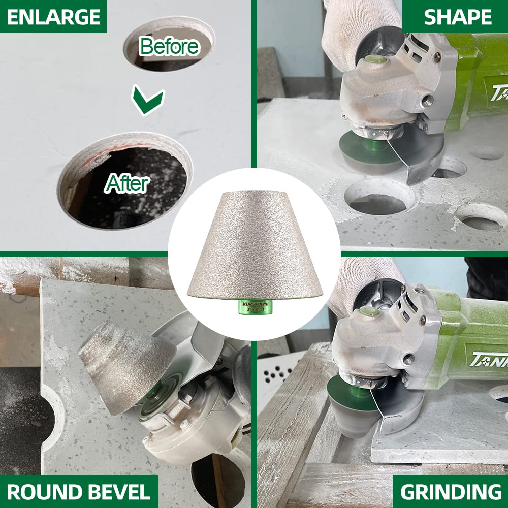 Diamond Cone Tile Bit - Diamond Countersink Drill Bit 3 in x 5/8"-11 Thread Angle Grinder,Beveling Chamfer Bit for Shaping Enlarging Cleanig Existing Holes of Granite Marble Porcelain