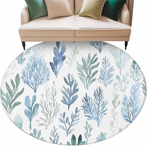 Miniatura 2 de 5ft Round Rug, Blue Green Botanical Non-Skid Rubber Backing Large Area Rugs - Living Room Bedroom Home Office, Retro Summer Watercolor Leaf Plant