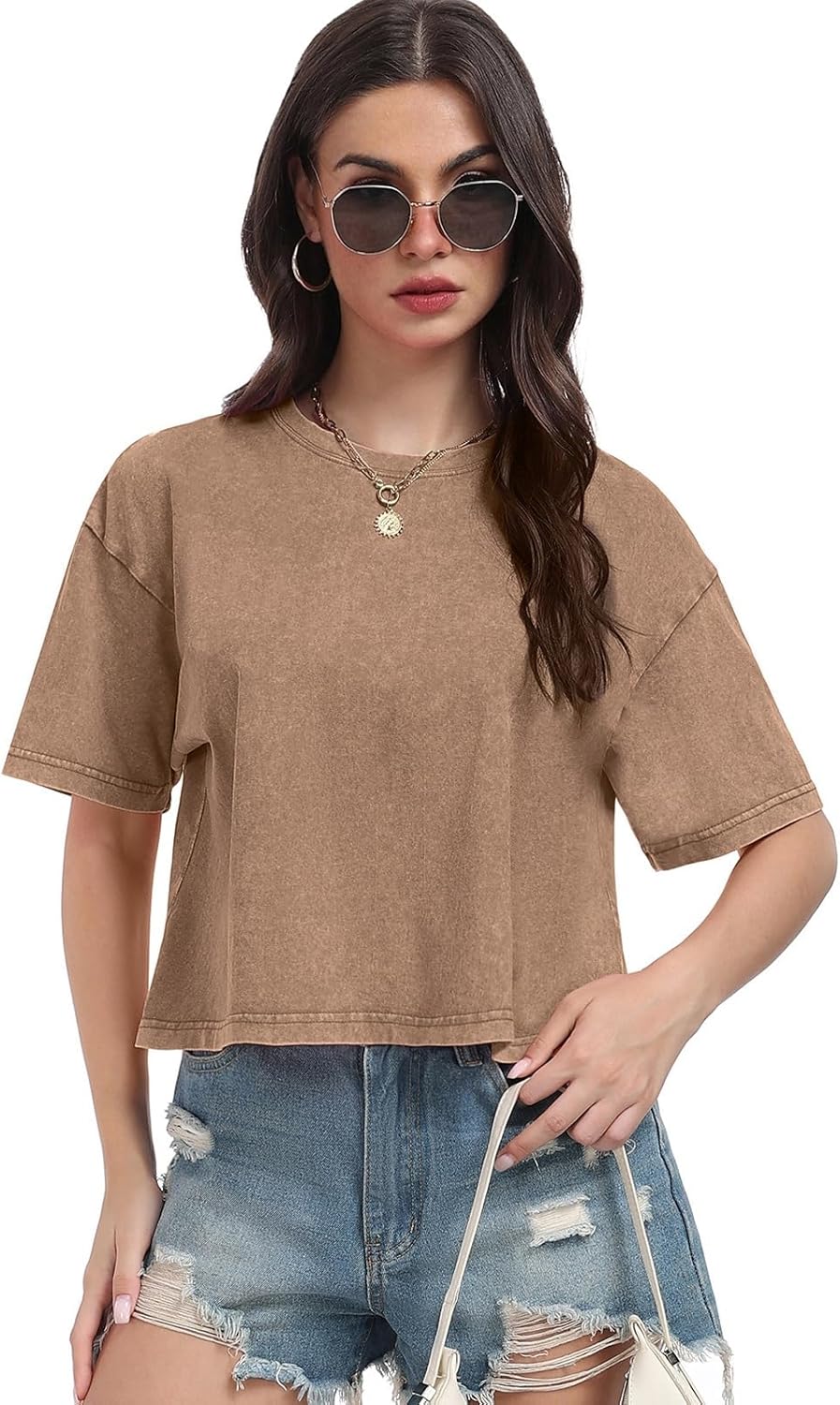 Womens Crop Tops Acid Wash Short Sleeve T-Shirts Casual Round Neck Basic Tees Baggy Summer Shirts - Image 2