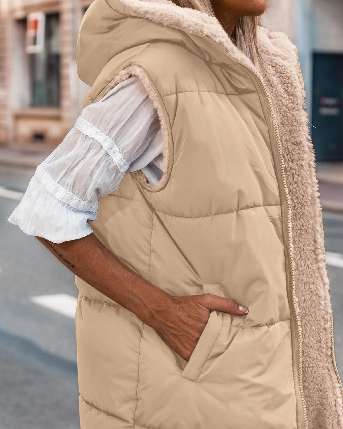 BTFBM Long Puffer Vest Women Fleece Sherpa Jacket Sleeveless Hooded Reversible Zip Up Winter Coat Fall Vests Outerwear - Image 4