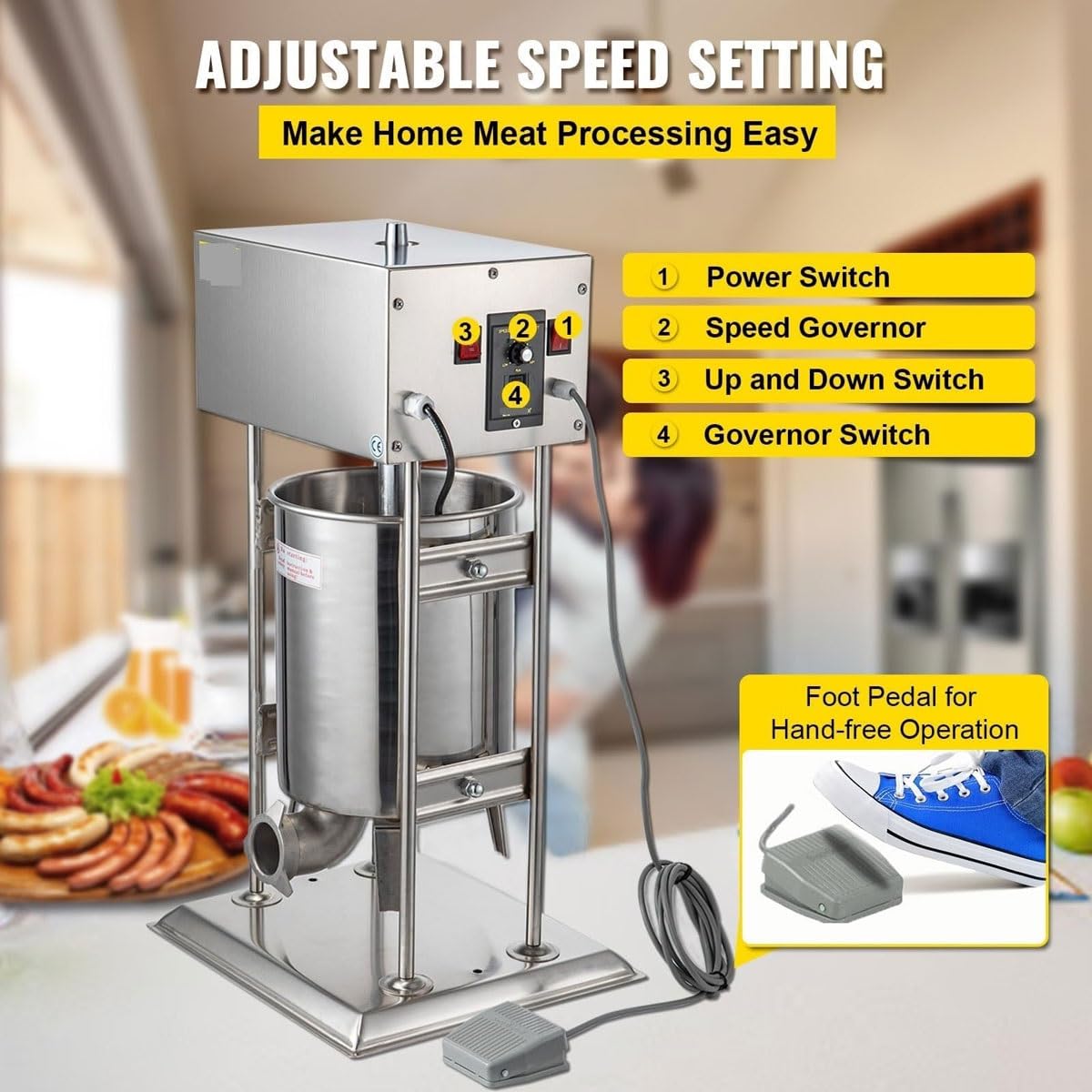 Relleno eléctrico de salchichas, máquina para hacer salchichas de acero inoxidable de 10/12/15L con velocidad ajustable y 5 tubos de relleno, máquina de llenado de carne de salchicha vertical 2