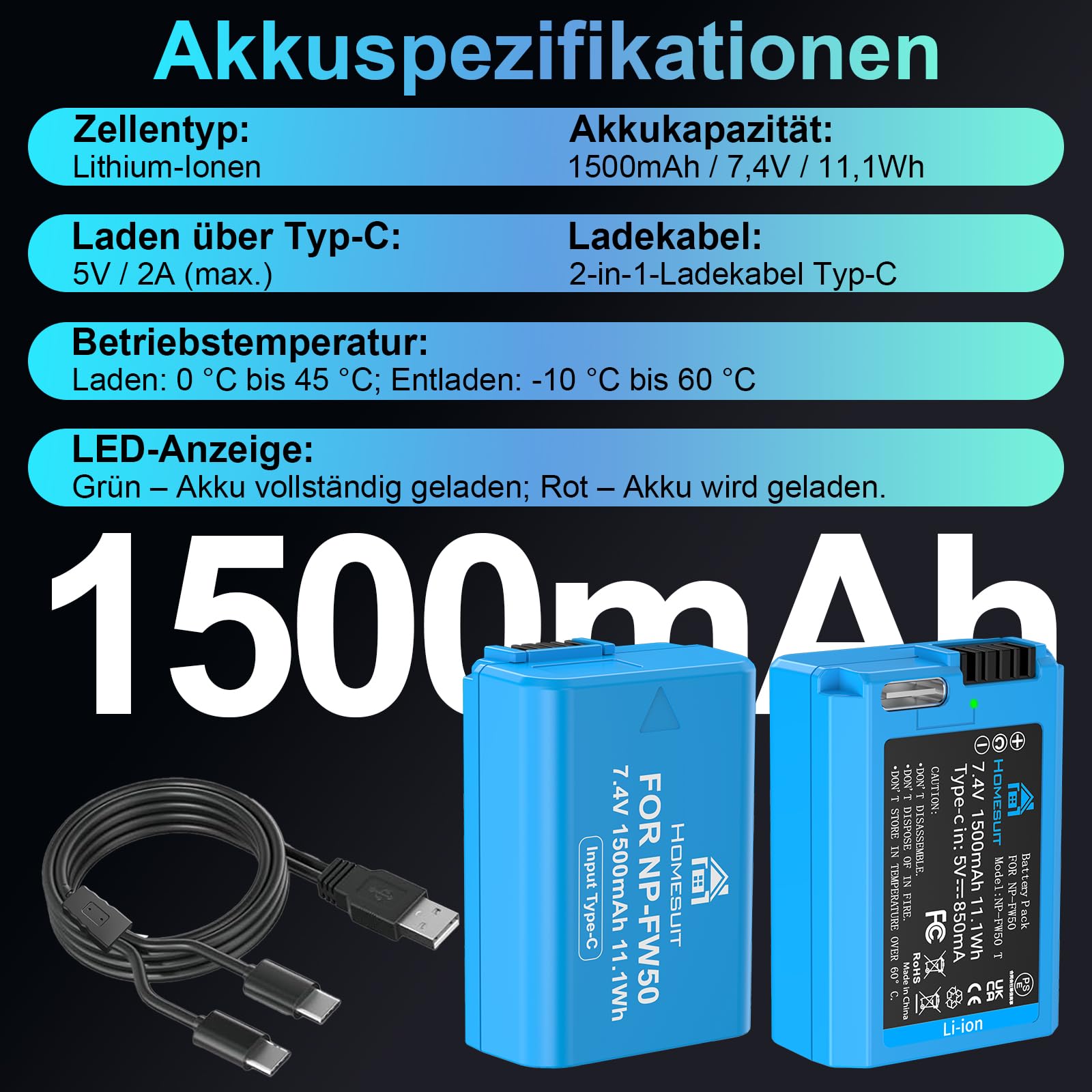 Homesuit NP-FW50 Akku 1500mAh & 2-in-1 Typ-C Ladekabel für Sony A6500 A6400 A6300 A6000 A5000 A5100 zv-e10 A7 A7II A7R A7RII A7SII A7S A7R A7R2 A55 RX10 RX10II NEX-3/5/7 Kamera (2er-Pack)