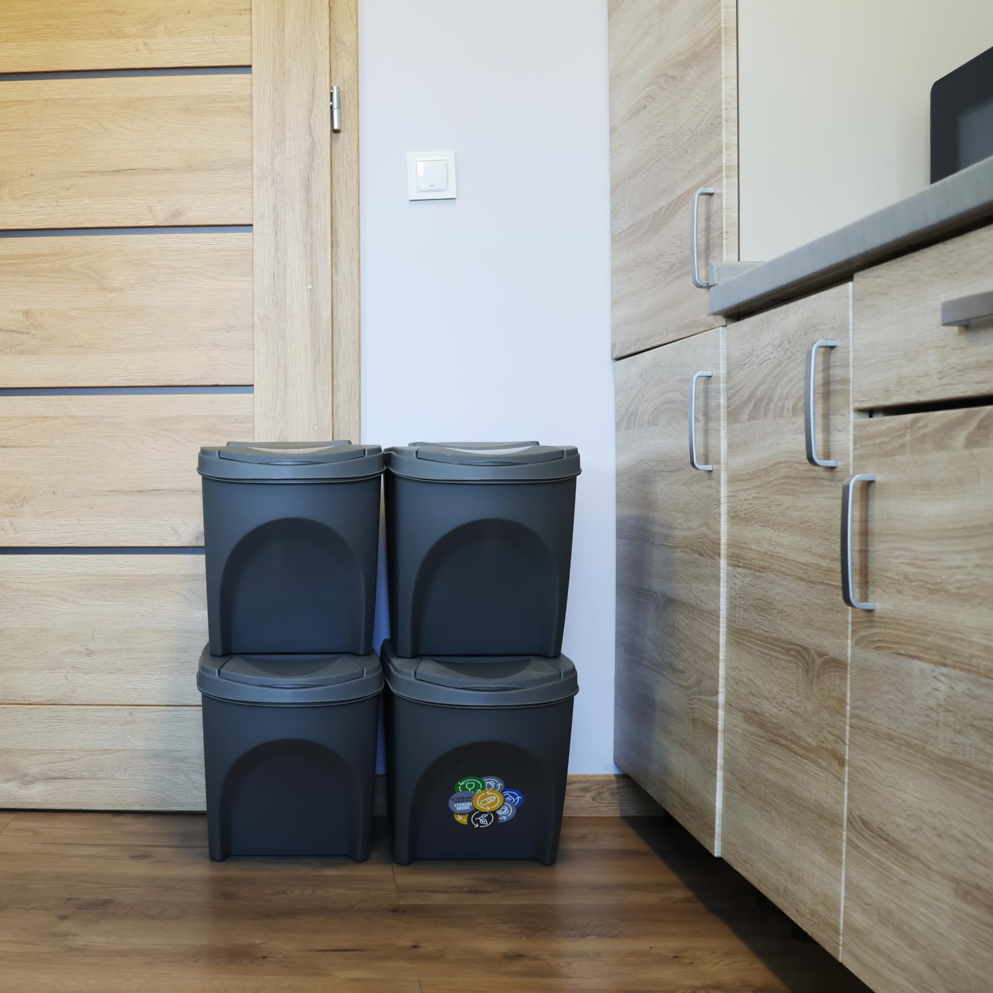botle Juego de 4 cubos de basura con sistema de separación de basura, juego de 4 cubos de basura de 25 l en color gris piedra para apilar, compacto, modular y ligero, fácil clasificación de los