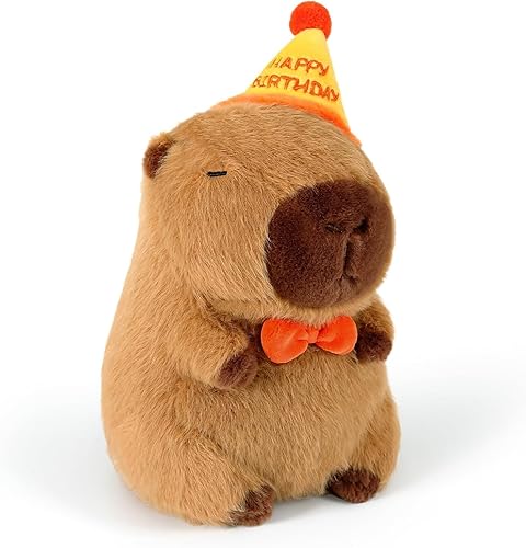 Lindos animales de peluche Capybara de 8 pulgadas, regalo de cumpleaños de Navidad para niños (sombrero de cumpleaños de 9 pulgadas)