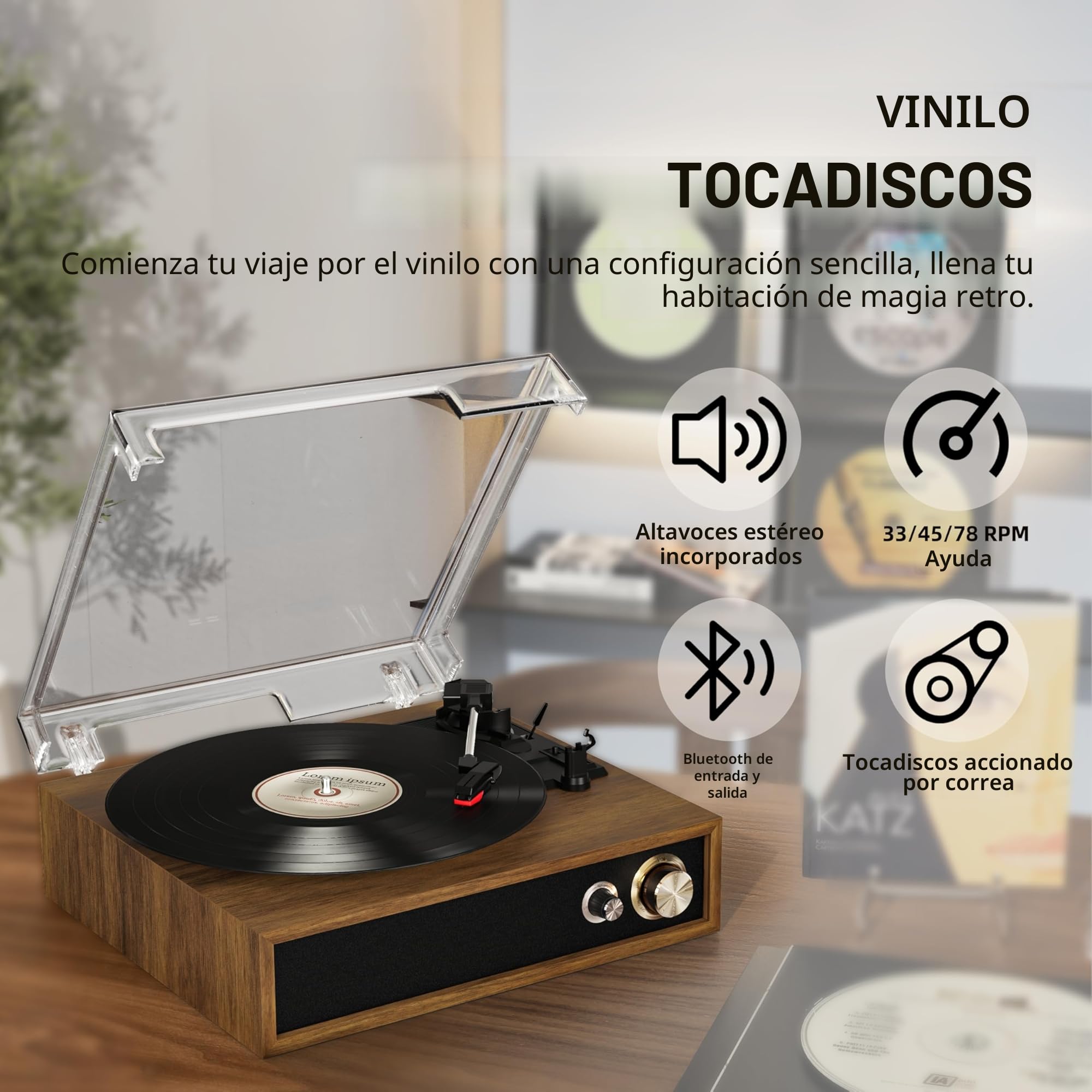 FYDEE Tocadiscos de Vinilo con USB para Grabación y Reproducción, Bluetooth Bidireccional, Altavoces Integrados y Compatibilidad 33/45/78 RPM, Auto Stop y Tapa Antipolvo - Teca