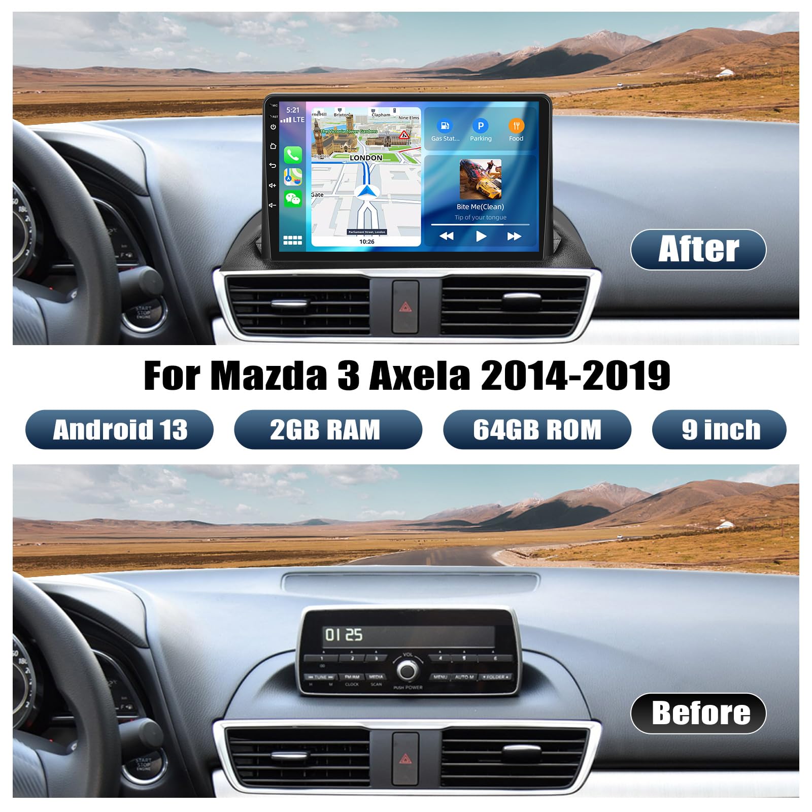 Android 13 Car Stereo For Mazda 3 Axela 2014-2019 - 9 Inch Touchscreen - Wireless CarPlay/Android Auto - 4+64GB