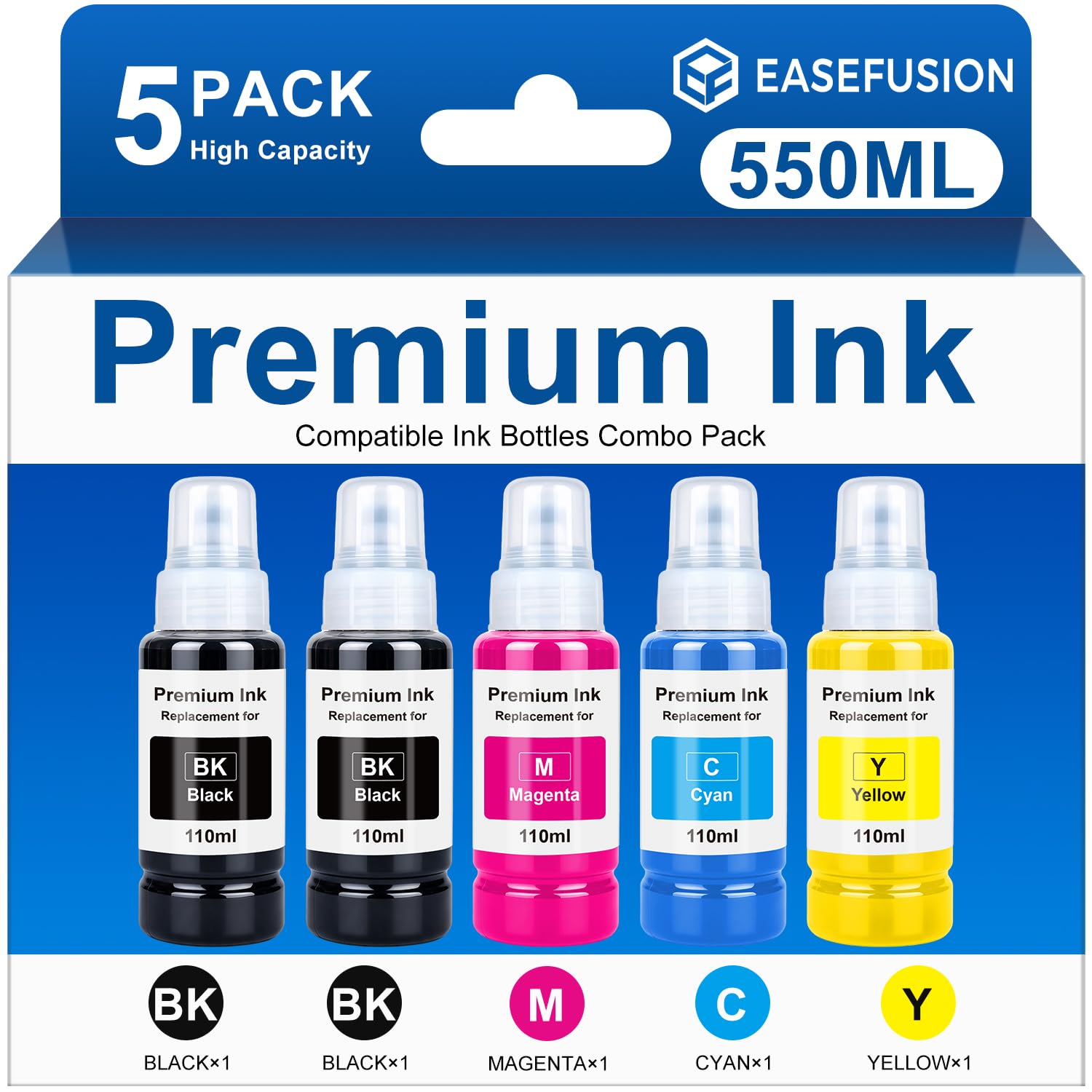 EaseFusion Compatible Ink Bottle Replacement for Epson 522 Ink, 5 Bottles